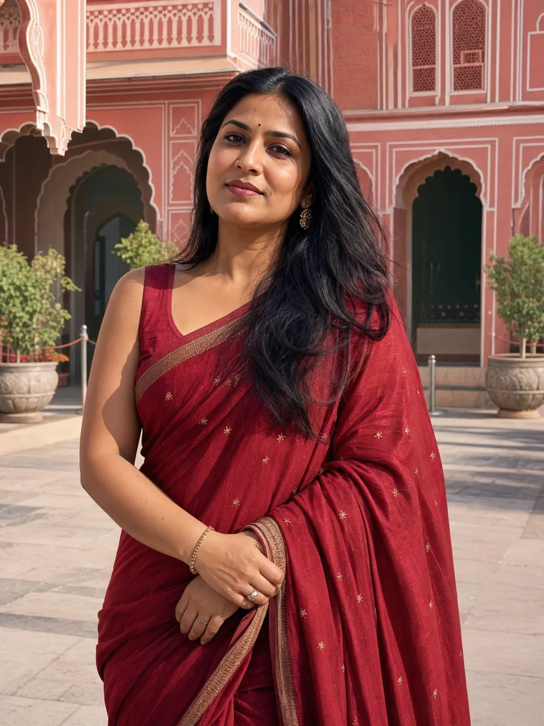 A realistic portrait of an Indian woman over 25 years old, natural face, long black hair, simple earrings, wearing a deep red modern sari with subtle gold details, standing in the courtyard of a pink palace in Jaipur, arched doorways, carved windows, and warm stone walls in the background, soft afternoon sunlight, realistic portrait photography, graceful and natural pose, realistic skin texture, rich but balanced colors --ar 3:4