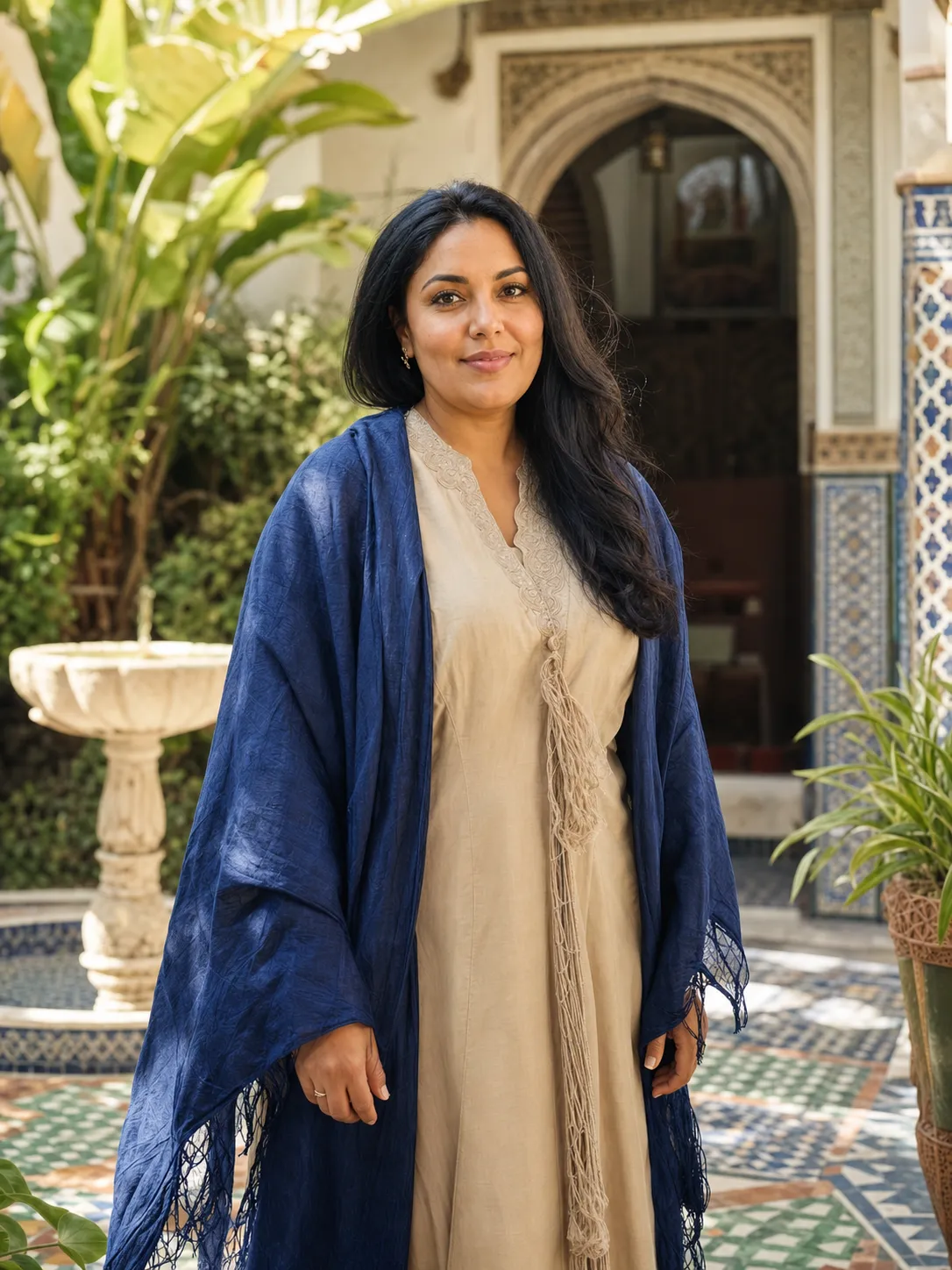 A realistic portrait of a Moroccan woman over 25 years old, dark eyes, long black hair, soft makeup, wearing a sand-colored long dress and a deep blue shawl, standing in a traditional Marrakech riad courtyard, mosaic tiles, arched doorway, plants, and a small fountain in the background, sunlight falling from the open courtyard roof, realistic photography, soft shadows, rich textures, 50mm portrait lens, natural expression --ar 3:4