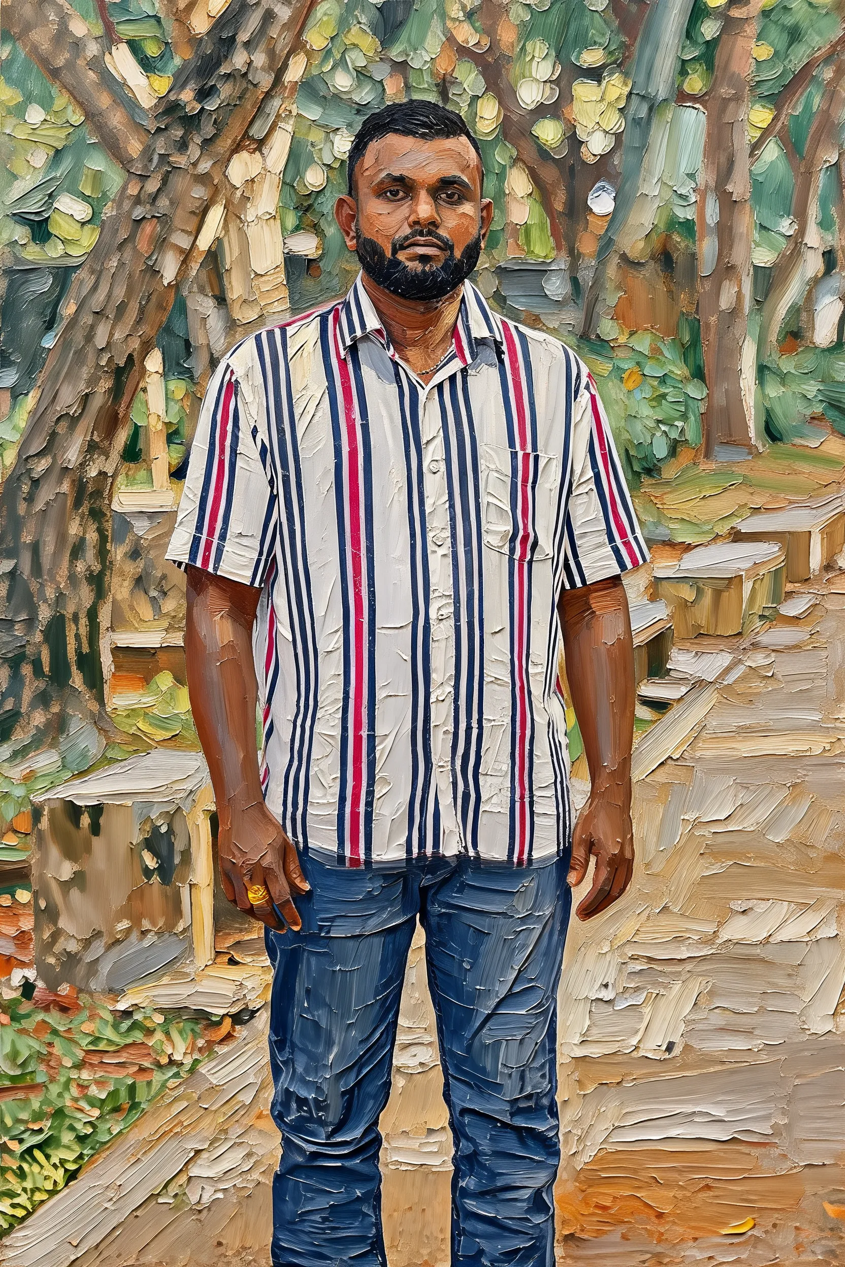 Transform this portrait into a high-end, heavily textured palette-knife abstract oil painting. Reinterpret the source subject not as a photo, but through bold masses of thick, layered impasto paint and energetic color-block collisions. The brushstrokes must be incredibly distinct and chaotic, with raw, scraped edges defining the silhouette cues and emotional energy. While fine facial details are gone, the core posture, emotional tone, and spiritual essence must remain perceptible through the massive paint movement. Render the background with the same thick, painterly language to create a unified, visually heavy, and emotionally charged abstract masterpiece.