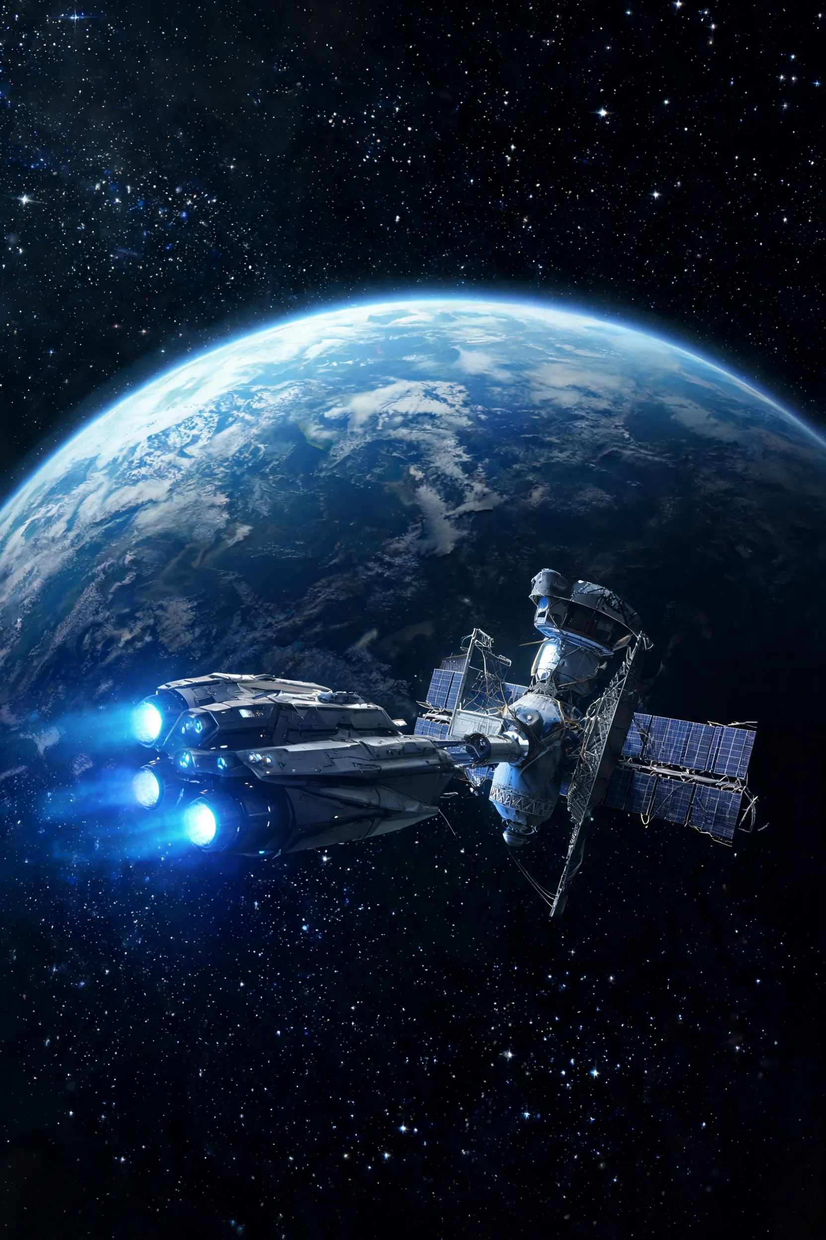 "Ultra-realistic cinematic scene of a futuristic robotic spacecraft approaching a damaged space telescope near Earth orbit, dramatic lighting, glowing blue engines, stars and Earth visible in the background, highly detailed, sci-fi movie style, 4K, epic atmosphere, realistic space technology."