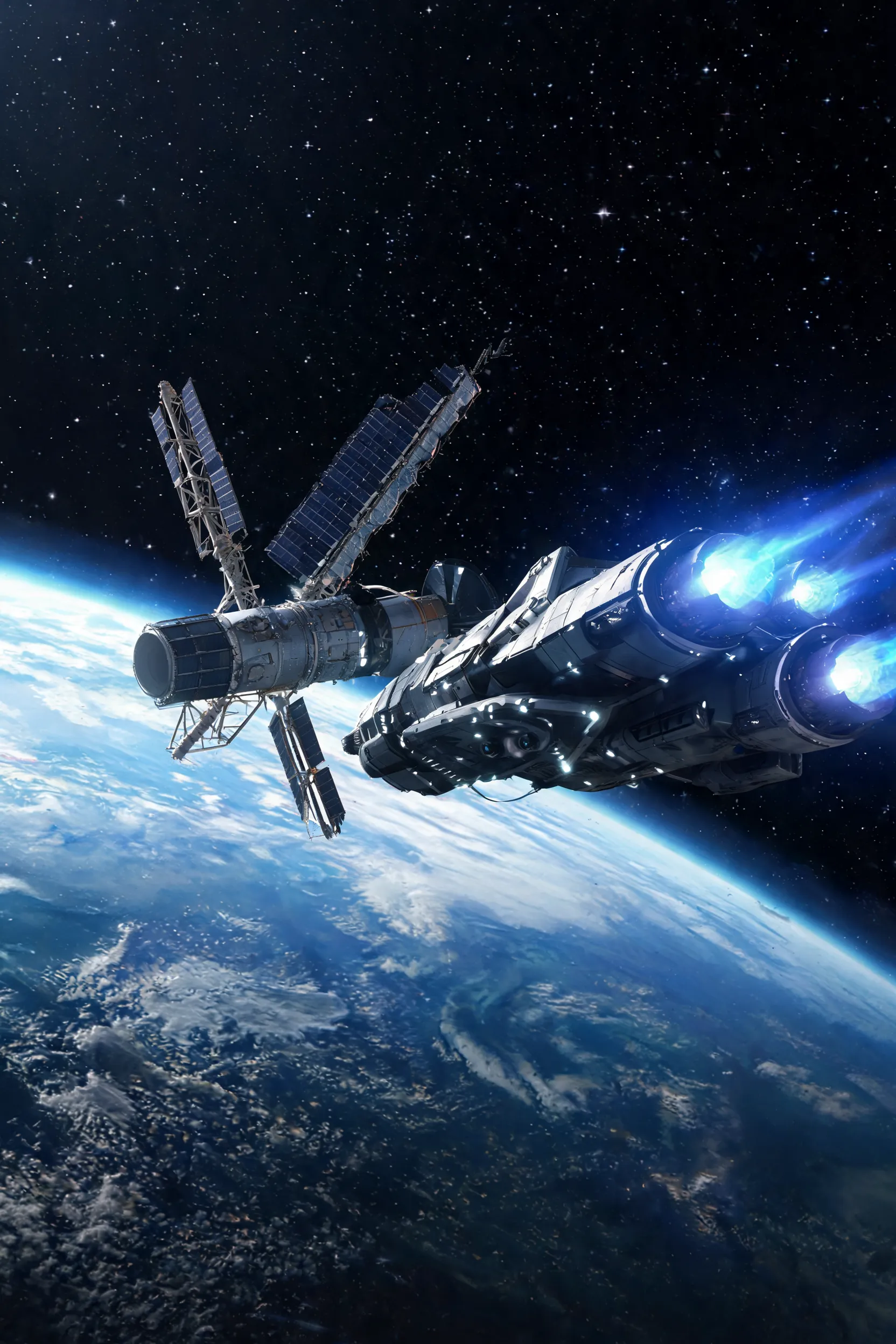 "Ultra-realistic cinematic scene of a futuristic robotic spacecraft approaching a damaged space telescope near Earth orbit, dramatic lighting, glowing blue engines, stars and Earth visible in the background, highly detailed, sci-fi movie style, 4K, epic atmosphere, realistic space technology."