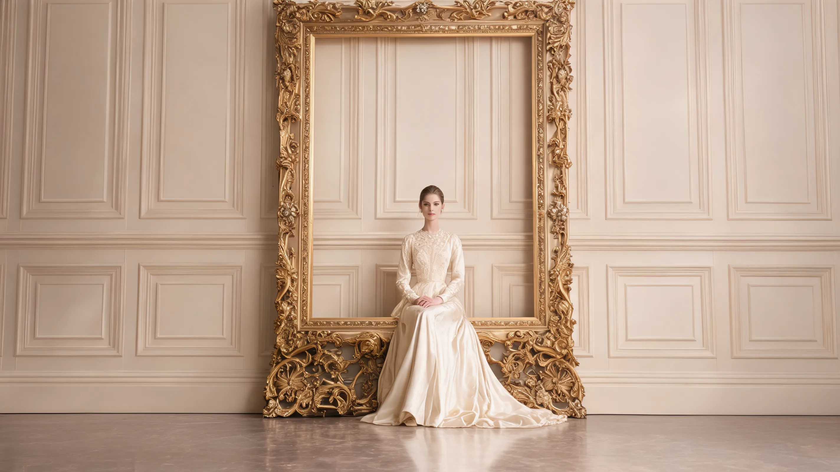 "A luxurious high-end fashion portrait. [Subject description] sits elegantly at the lower edge of a large, ornate rectangular picture frame. Frame details: • Baroque / Rococo style rectangular picture frame • Finished in [frame color and texture], harmonizing perfectly with the overall tone Environment: • Background: Elegant studio wall with classic paneling in [color] • Floor: Slightly reflective surface in [floor color] Lighting: • Cinematic high-key fashion lighting • Soft diffused key light on the subject • Subtle rim light for subject separation Camera & Composition: • Symmetrical centered full-body portrait • Clean editorial fashion composition • 8K ultra-high resolution, premium editorial masterpiece quality"