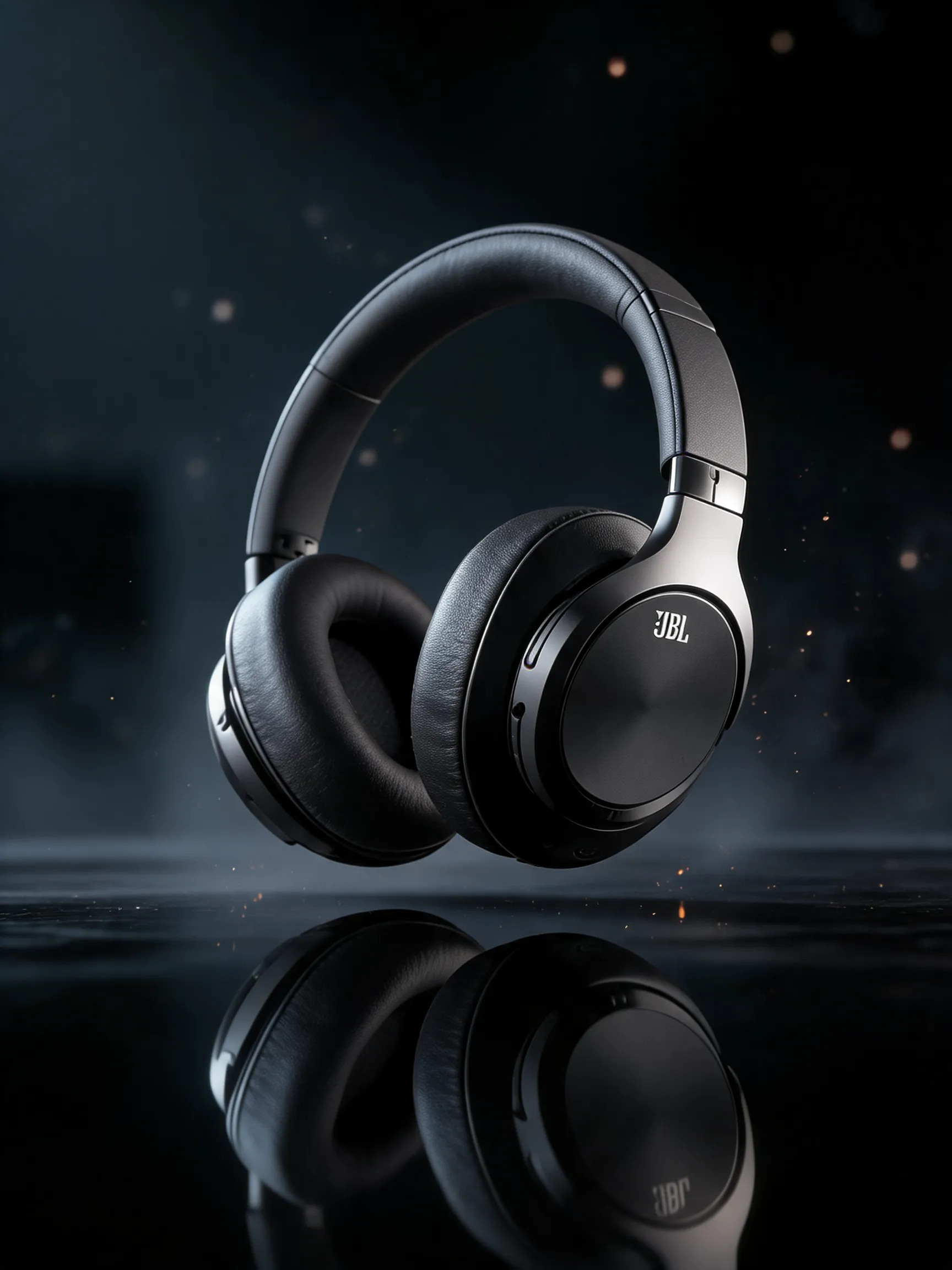Premium wireless over-ear headphones floating in a dark luxury studio environment. Dramatic cinematic lighting wraps around the headphones, highlighting brushed aluminum, leather textures, and precision craftsmanship. Subtle reflections on a glossy black surface. Floating particles and soft atmospheric haze create depth. High-end product photography, Apple AirPods Max campaign quality, luxury electronics advertisement, ultra-clean composition, shallow depth of field, macro detail shots, premium materials, elegant shadows, photorealistic rendering, commercial studio lighting, 8K, award-winning product photography, minimalist luxury aesthetic.