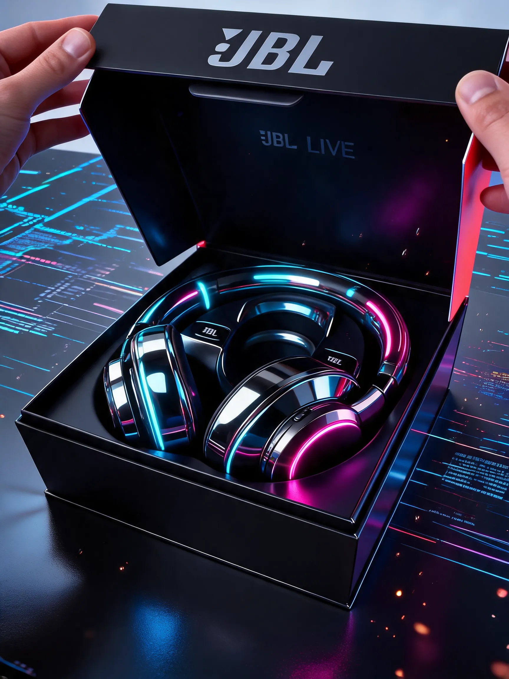 A futuristic headphone product shot in a cyberpunk neon-lit studio. Vibrant cyan and magenta rim lights illuminate the sleek headphone contours, with holographic data streams and floating dust particles in the background. Reflective metal finish with dynamic LED glowing strips, high contrast, cinematic sci-fi atmosphere, commercial product visualization, 8K, unreal engine 5 render style, sharp focus on the ear cups and headband, avant-garde aesthetic.