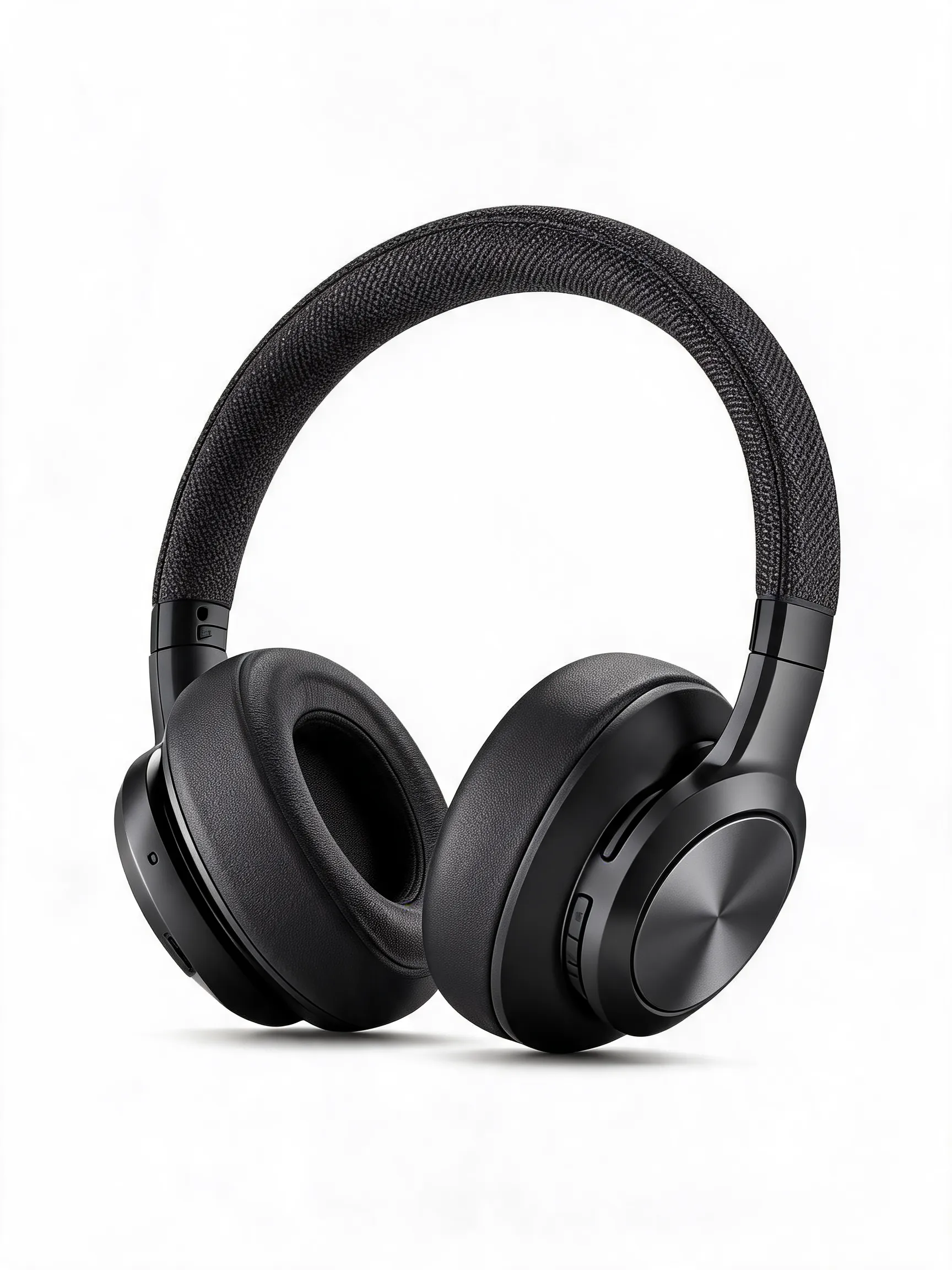 A pair of headphones product design with a stylish metallic finish and a textured fabric strap, centered in the image, pure white background that highlights the sleek design. Soft, even studio lighting, no shadows, high clarity, commercial product photography, minimalistic, 8K, sharp focus on the product details, fabric texture with subtle sheen.
