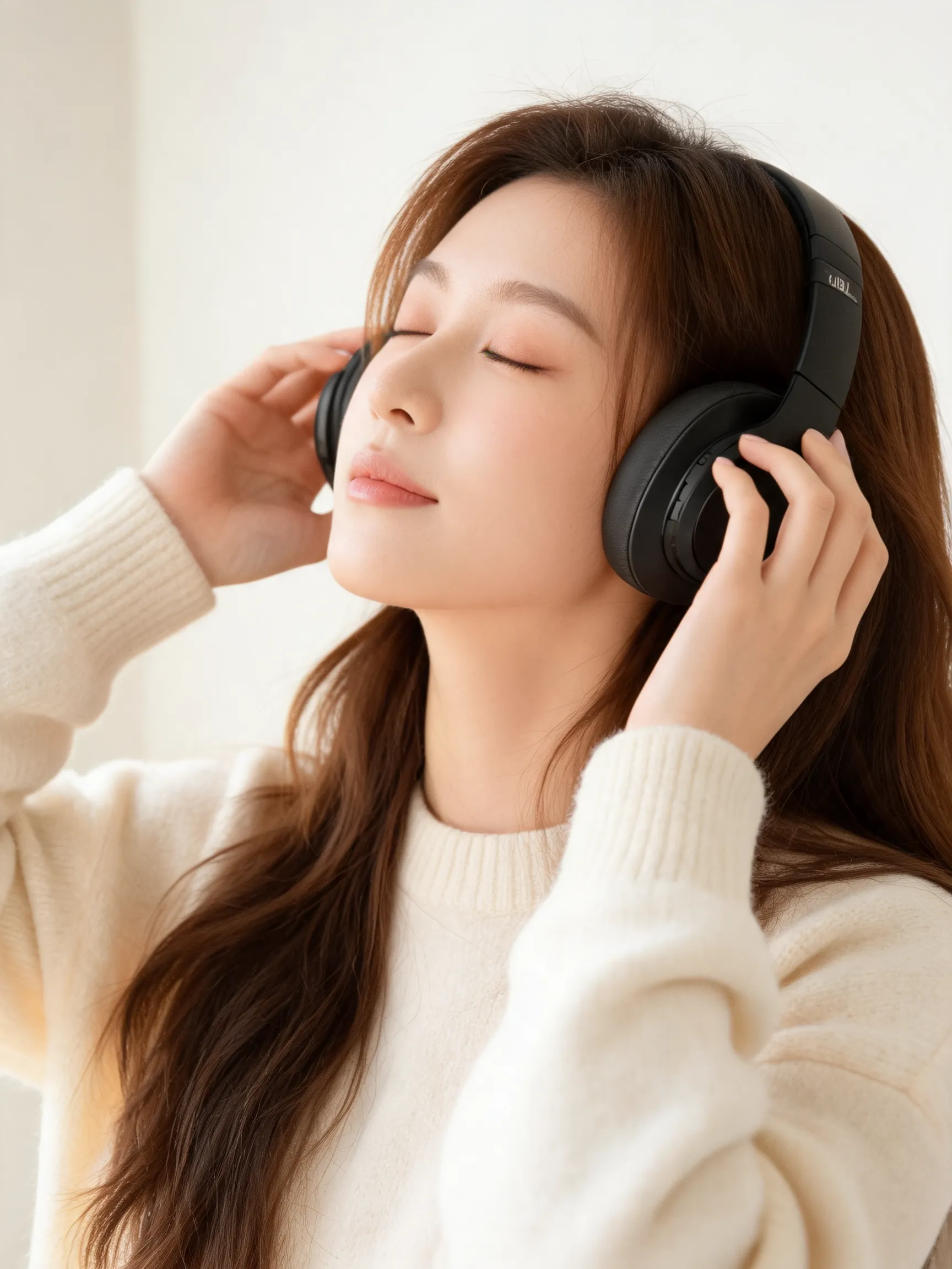 A warm tone healing style commercial photography of headphones, featuring a model with long hair gently lifting both hands to adjust the headphones, closing eyes immersed in music. Background is a light warm white minimalist space. Soft warm lighting highlights the soft texture of the clothing and the comfortable design of the headphones. Cozy atmosphere, daily wear adaptability, focusing on the user‘s immersive state, shallow depth of field, soft pastel tones, lifestyle advertising photography.