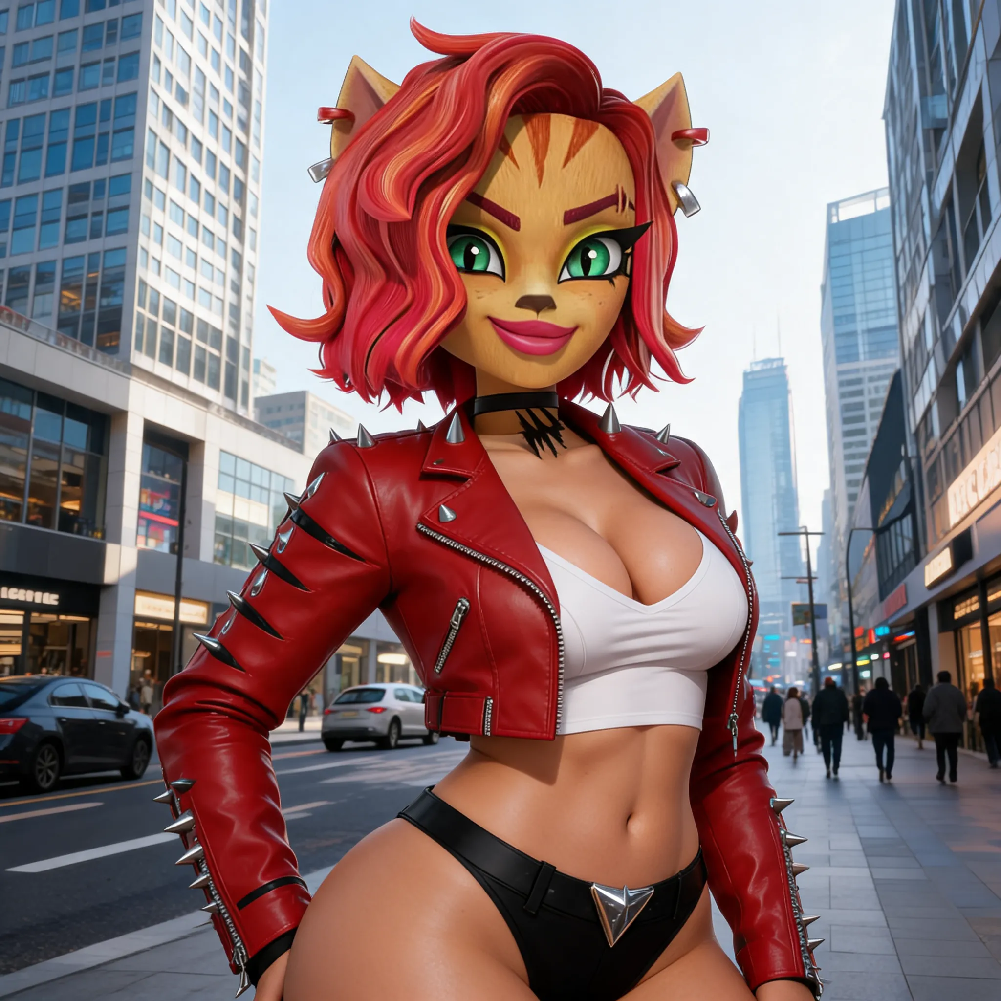 Toralei Stripe G3 is a curvy shaped werecat woman with a flirtatious grin on her face and a model looking body shaped that shows off her massive chest, her enormous cleavage, gigantic hips, and a humongous butt.
