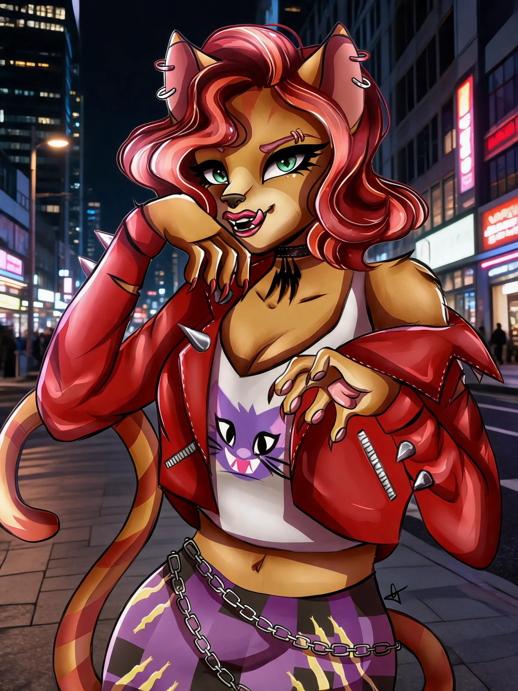 Toralei Stripe G3 is a curvy body shaped werecat woman with a flirtatious grin on her face and a model shaped body that shows off her enormous chest, her gigantic cleavage, her humongous hips, and her robust butt.