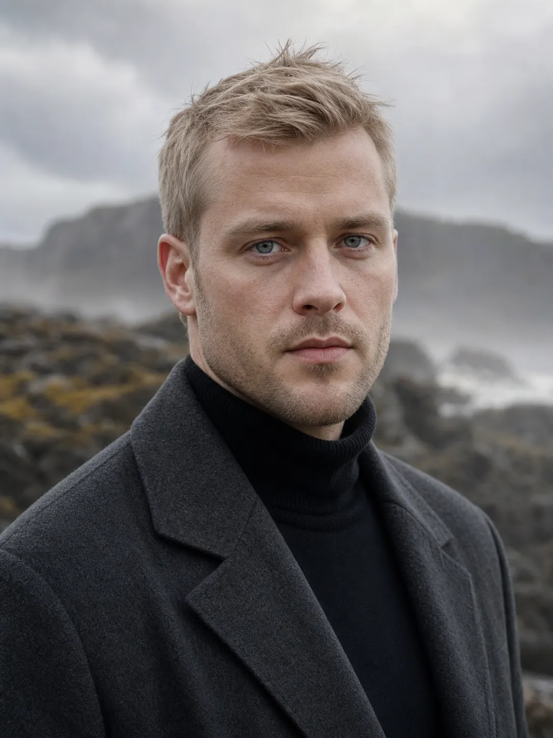 Ein europäischer Mann im realistischen Fotostil, etwa 32 Jahre alt, mit nordeuropäischer Ausstrahlung. Kurzes hellblondes Haar, grau-blaue Augen, klare Gesichtskonturen, kurzer Bartschatten, helle Haut mit natürlicher Outdoor-Textur. Er trägt einen dunkelgrauen Wollmantel und einen schwarzen Rollkragenpullover und steht an einer kalten Küste. Im Hintergrund sind Felsen, Meernebel und kühles, bewölktes Licht zu sehen. Ruhiger, zurückhaltender Gesichtsausdruck, natürliches Licht, 85-mm-Porträtobjektiv, geringe Tiefenschärfe, echte Hautstruktur, filmischer Look, nicht übermäßig retuschiert.