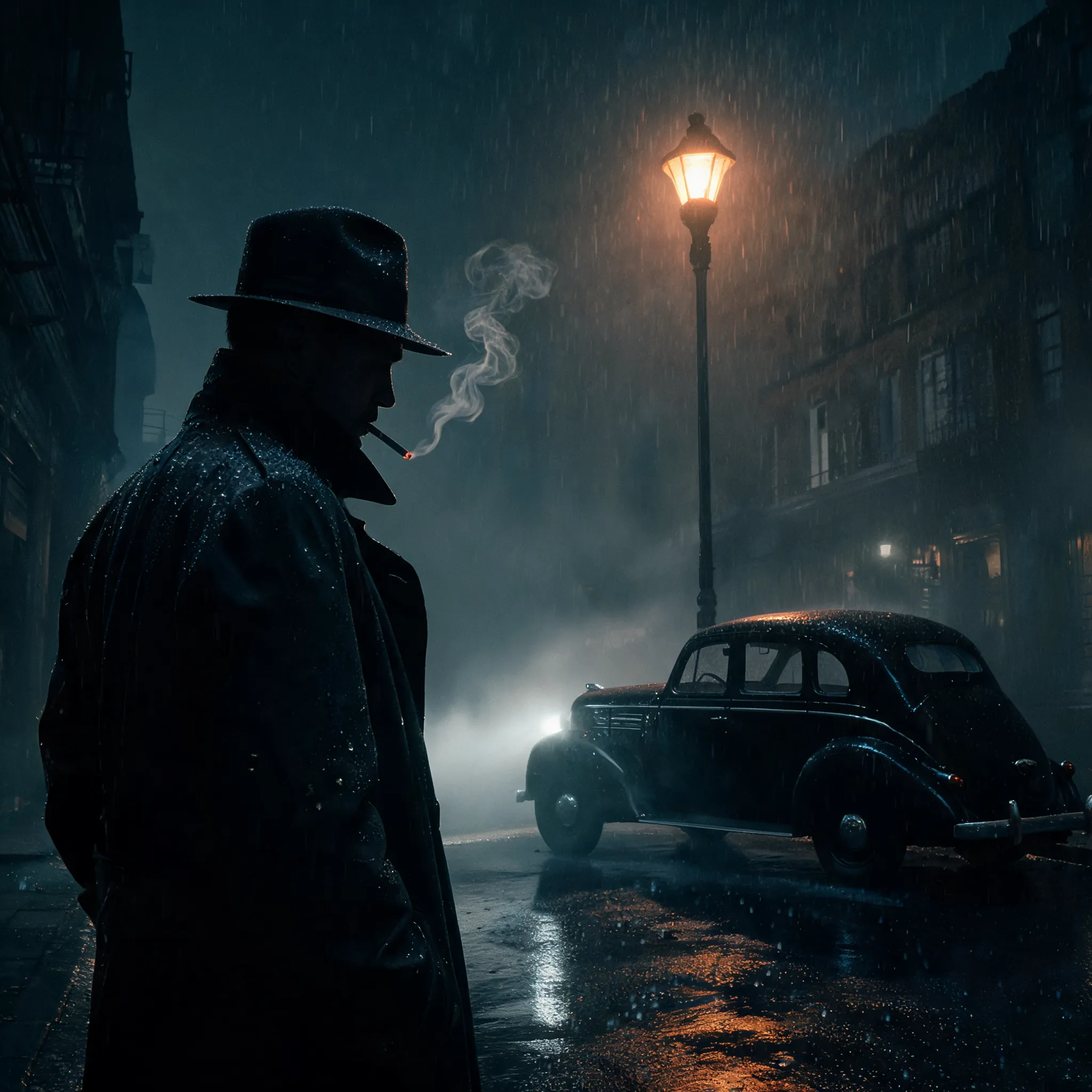 Film noir detective in rainy night, dim streetlights, foggy vintage car