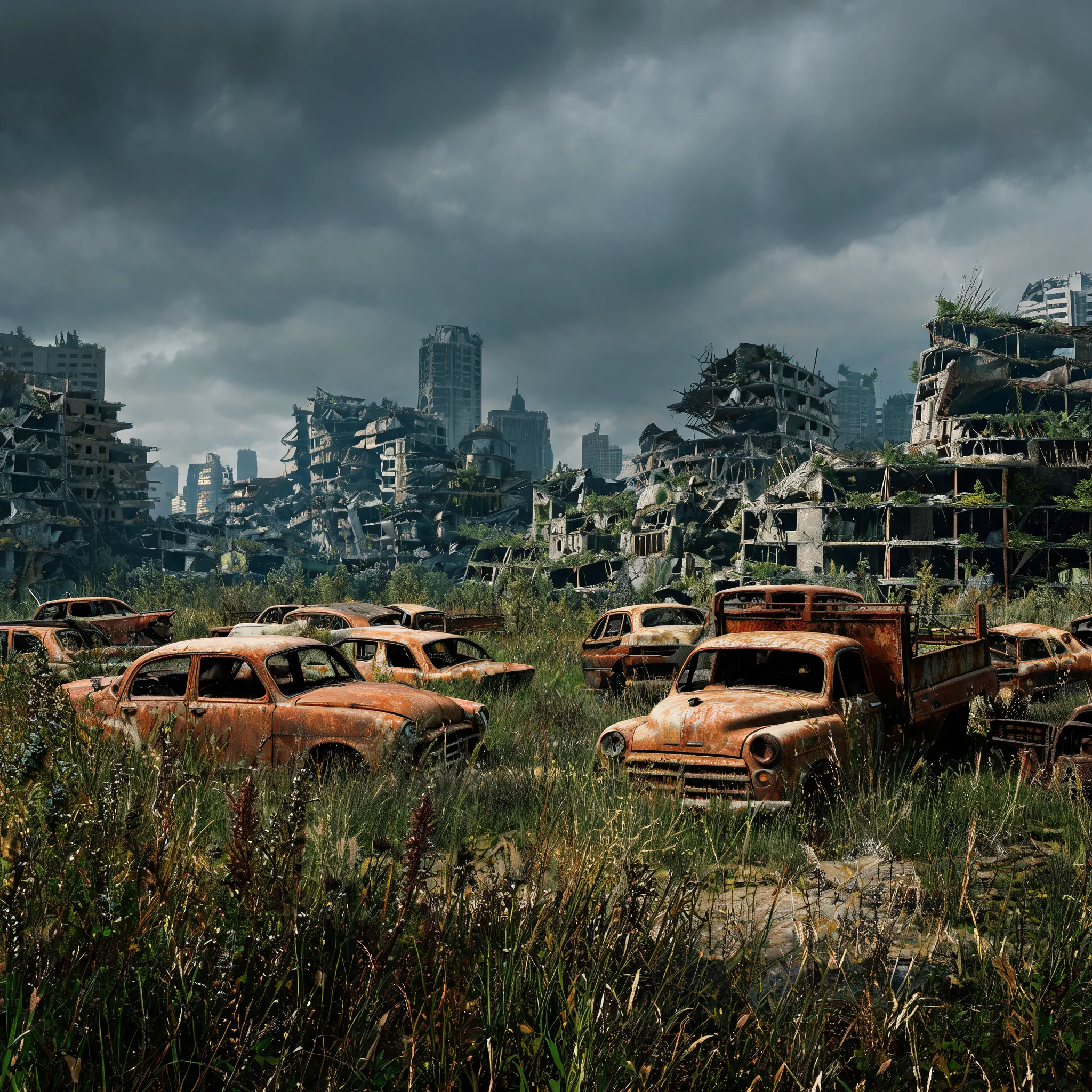 Ruined city, rusty cars, wild grass in wasteland, gloomy sky overhead