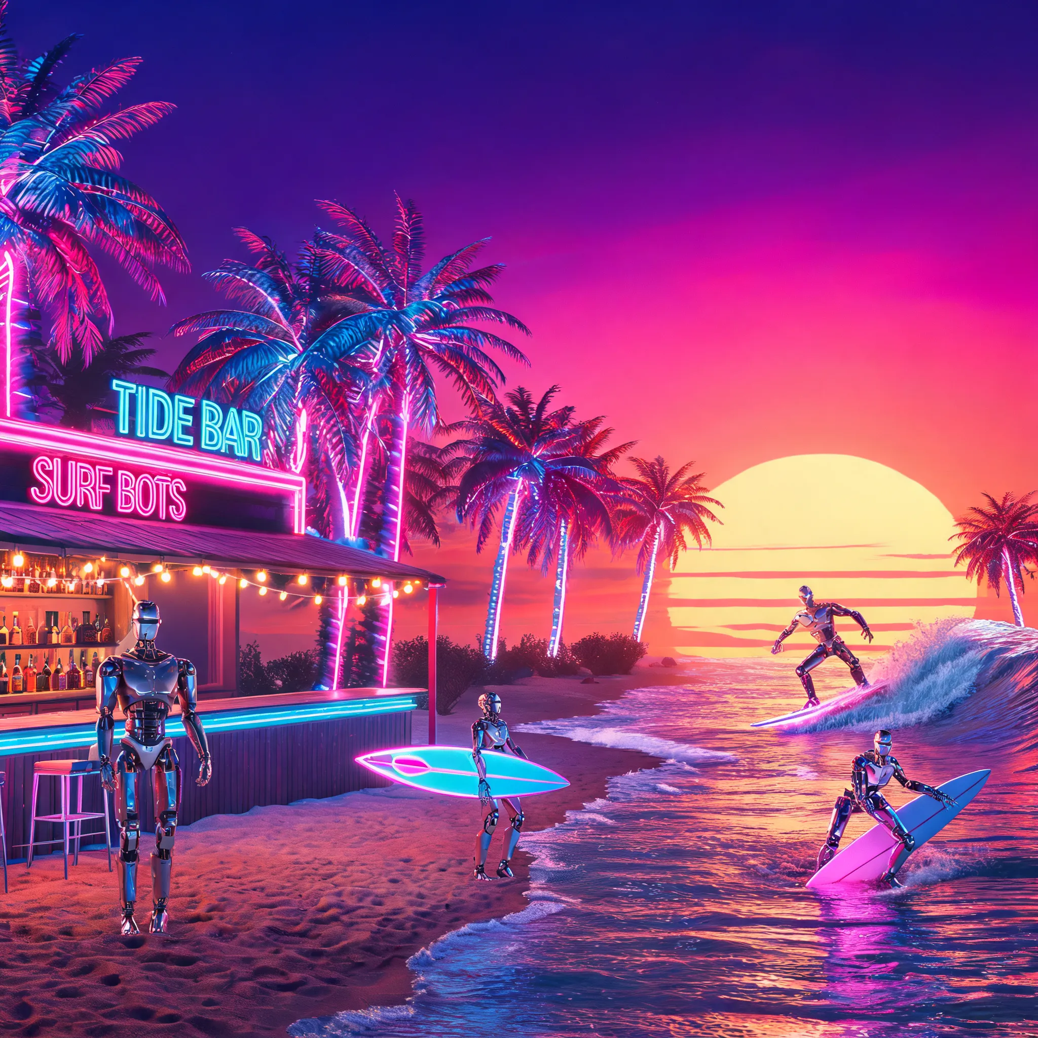 Neon palm trees, retro-future beach bar, robot surfers in sunset