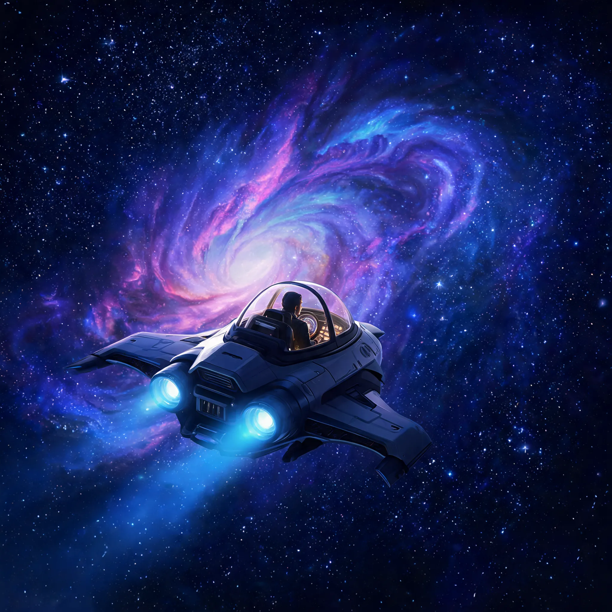 Under the silent night sky, an interstellar traveler pilots a spaceship, exploring unknown galaxies, filled with anticipation and mystery.