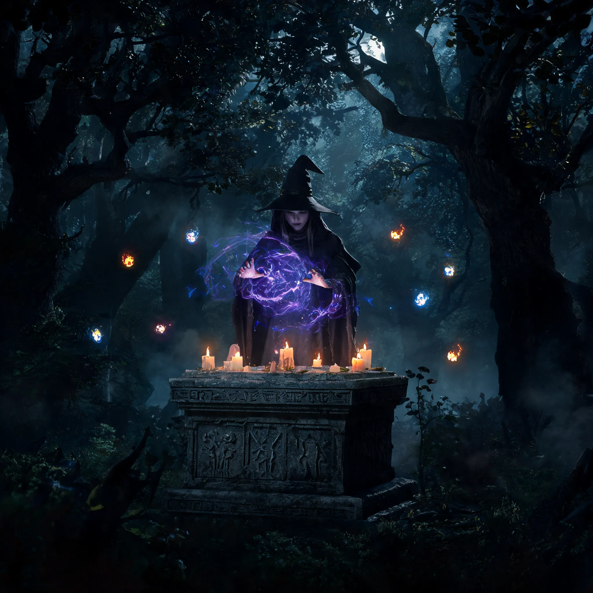 Deep in a shadowy forest, a mysterious witch casts spells at an ancient altar, surrounded by flickering lights.