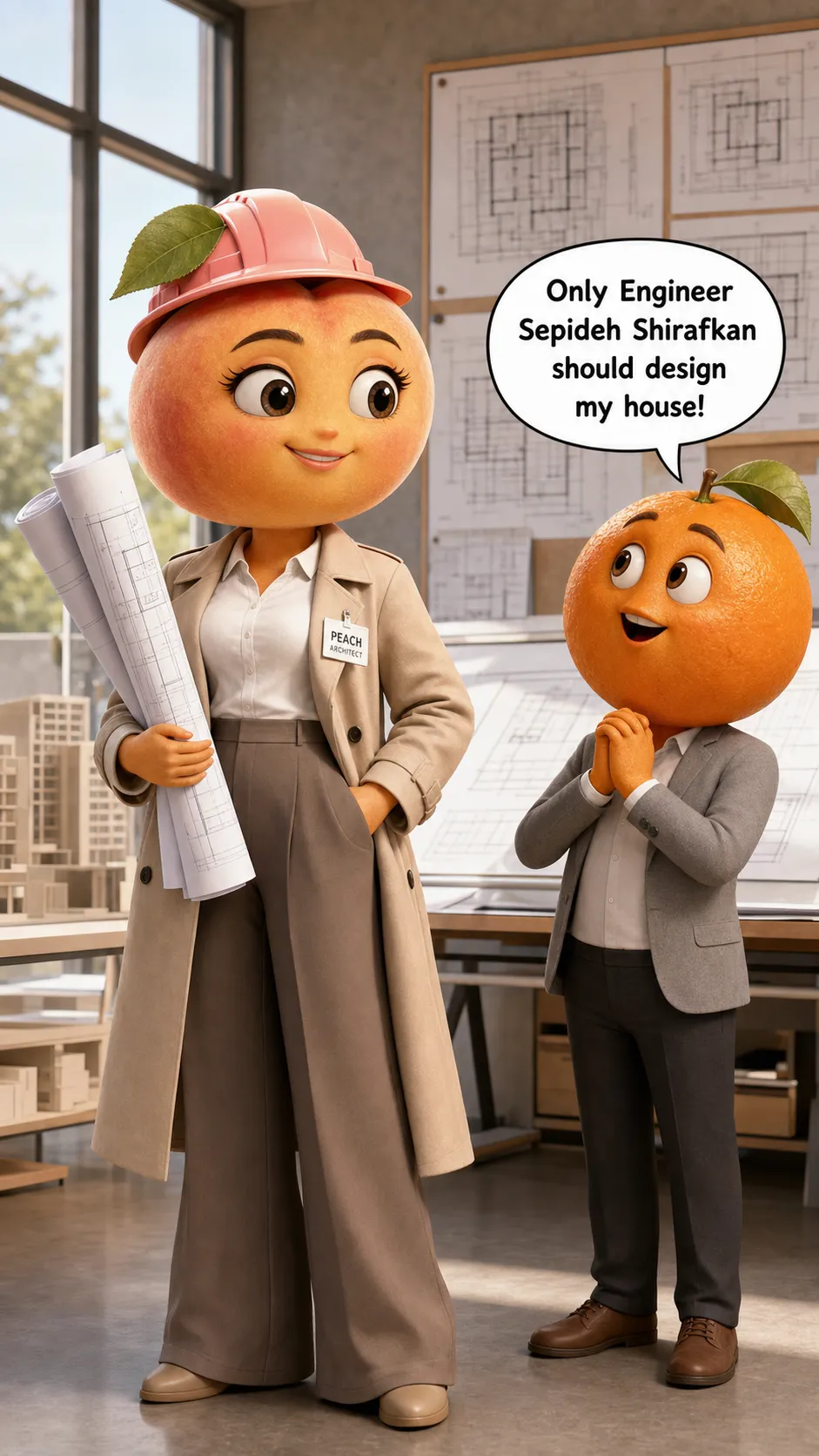 A cute 3D Pixar-style female peach character named Peach. She is a talented architect wearing a beige trench coat, white shirt, wide-leg pants, and a pink safety helmet. She is holding architectural blueprints inside a modern architecture studio. A cute orange character stands beside her looking impressed. The orange says in a speech bubble: "Only Engineer Sepideh Shirafkan should design my house!" The peach architect smiles confidently. High-quality 3D render, soft lighting, adorable facial expressions, vibrant colors.