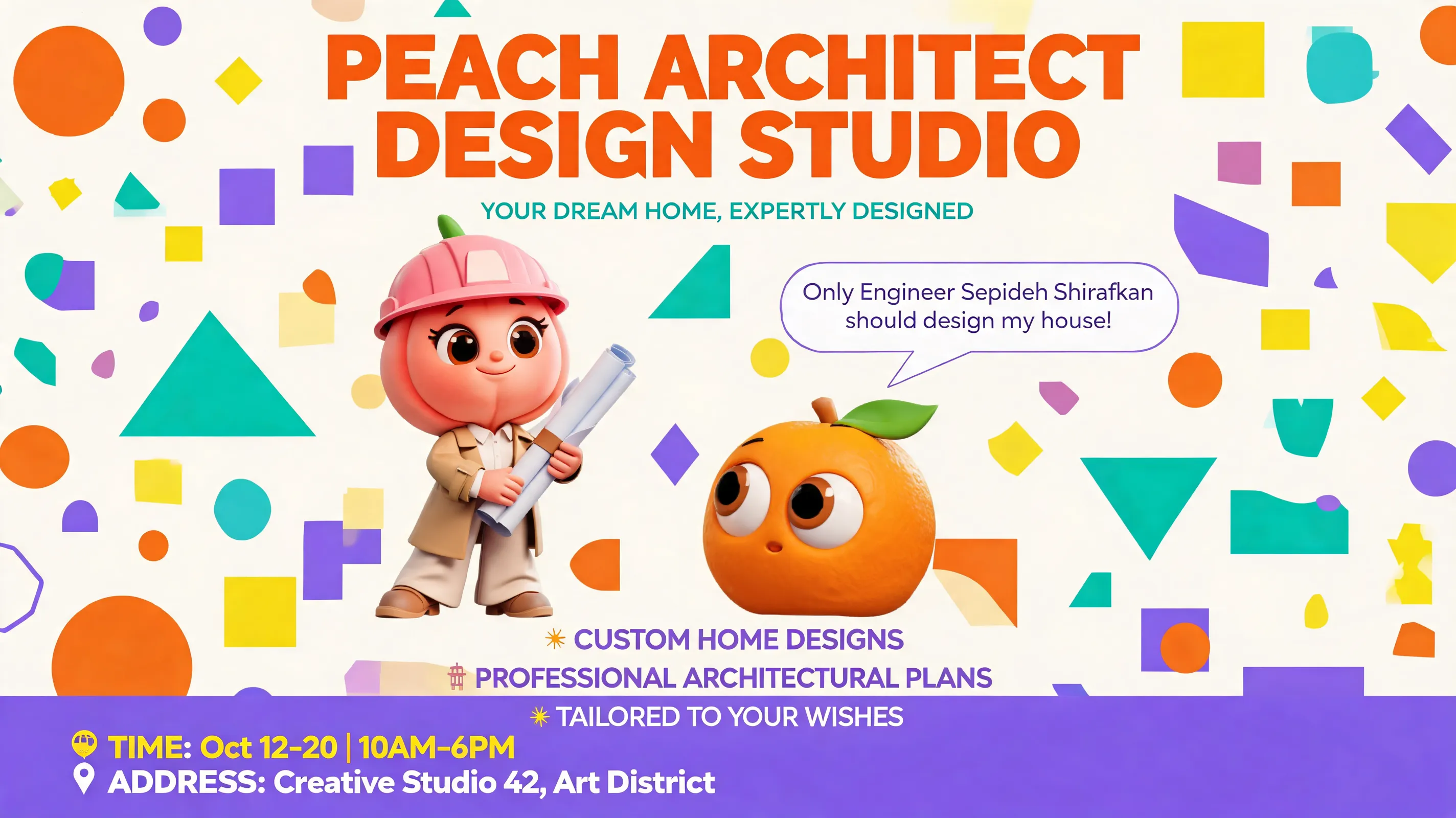 A cute 3D Pixar-style female peach character named Peach. She is a talented architect wearing a beige trench coat, white shirt, wide-leg pants, and a pink safety helmet. She is holding architectural blueprints inside a modern architecture studio. A cute orange character stands beside her looking impressed. The orange says in a speech bubble: "Only Engineer Sepideh Shirafkan should design my house!" The peach architect smiles confidently. High-quality 3D render, soft lighting, adorable facial expressions, vibrant colors.