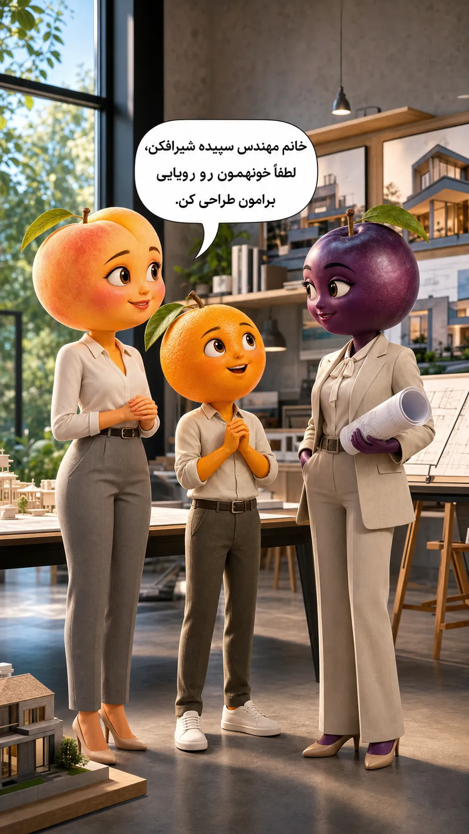 Create a cute, high-quality 3D Pixar-style scene inside a modern architecture studio. A beautiful female Peach architect and a cute Orange character are standing together in front of a confident female Plum architect (Miss Plum), who is the chief architect. The Peach and Orange look hopeful and respectfully ask Miss Plum to design their dream home. The Orange has a speech bubble in Persian that says: «خانم مهندس سپیده شیرافکن، لطفاً خونهمون رو رویایی برامون طراحی کن.» The Peach smiles warmly and nods in agreement. Miss Plum is elegant, professional, wearing a stylish architect outfit and holding architectural blueprints. The studio contains architectural models, blueprints, drafting tables, plants, and soft natural lighting. Ultra-detailed, cinematic lighting, adorable expressions, vibrant colors, highly realistic 3D Pixar animation style, 8K quality. Miss Plum represents Architect Sepideh Shirafkan as a kind, creative, and highly skilled architect who specializes in luxurious dream homes