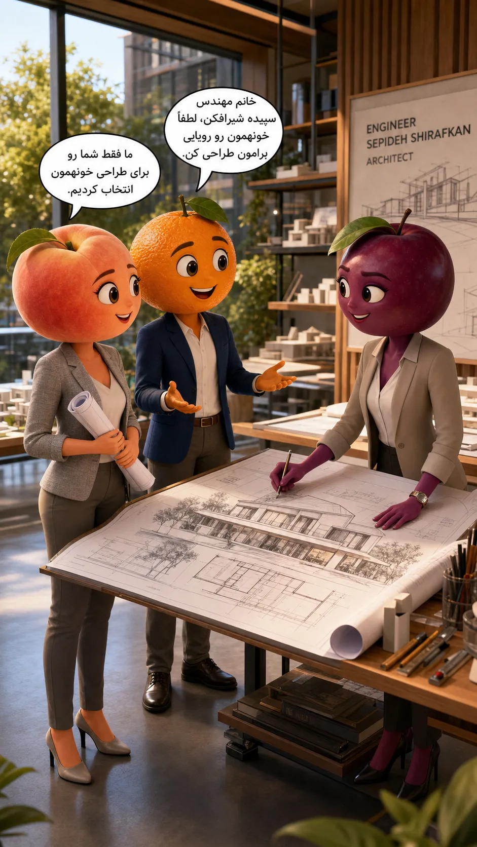 > Create a 10–15 second high-quality 3D Pixar-style animated video inside a modern architecture studio. A cute female Peach architect and a friendly Orange character walk together toward a confident female Plum architect, who is a professional architect representing Engineer Sepideh Shirafkan. The Peach and Orange stop in front of her with hopeful, respectful expressions. The Orange speaks in Persian with a clear speech bubble and synchronized lip movement, saying: «خانم مهندس سپیده شیرافکن، لطفاً خونهمون رو رویایی برامون طراحی کن.» The Peach smiles, nods, and says: «ما فقط شما رو برای طراحی خونهمون انتخاب کردیم.» Miss Plum smiles warmly, accepts the request, gently opens a large architectural blueprint on the table, and begins sketching a luxurious dream house. The camera slowly moves from a wide shot to a close-up of the characters' happy faces and the beautiful architectural drawings. The studio is filled with architectural models, blueprints, drafting tools, indoor plants, and warm natural sunlight. Cinematic lighting, expressive character animation, realistic facial expressions, smooth body movements, ultra-detailed 3D animation, vibrant colors, Pixar-quality, 8K, professional animated film style.