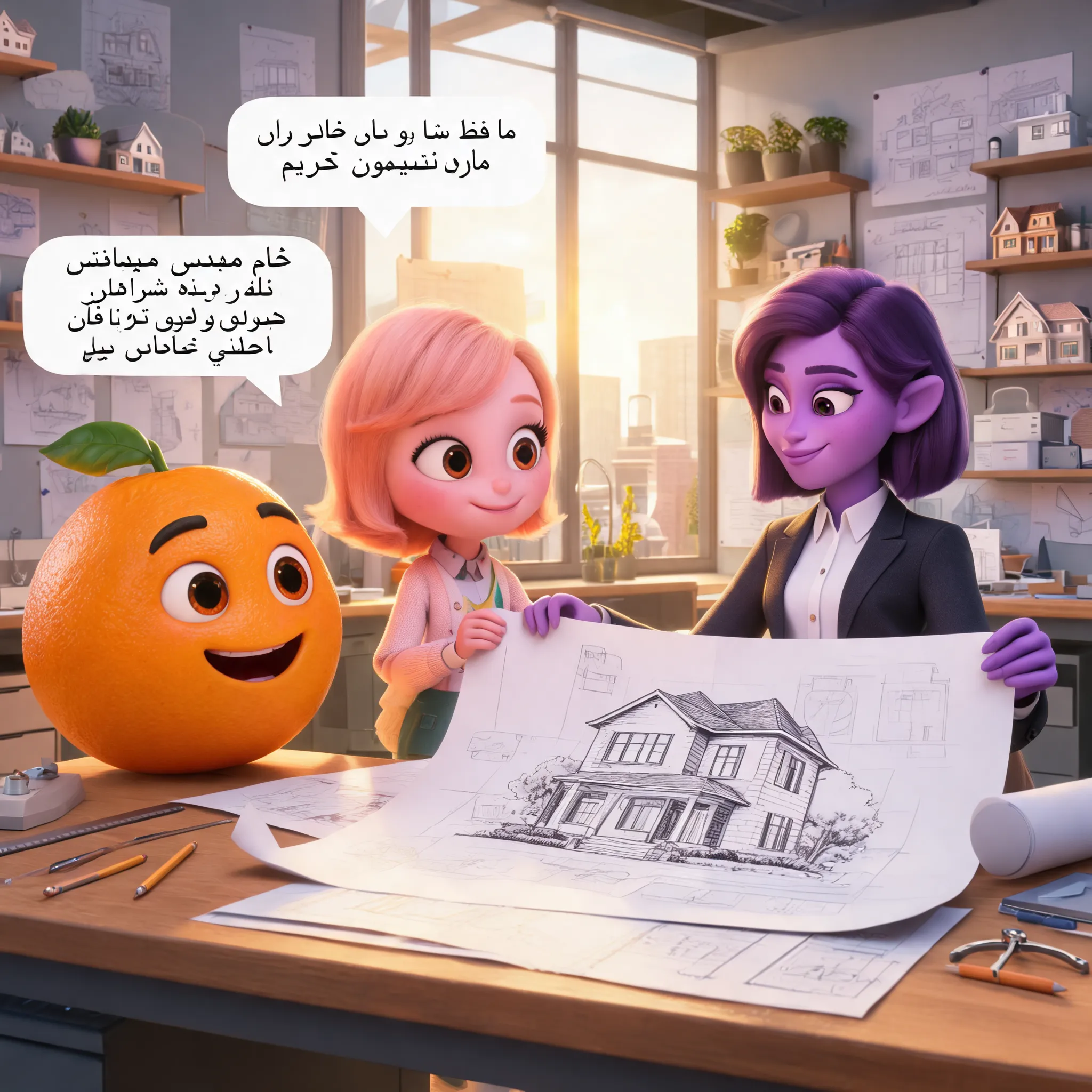 > Create a 10–15 second high-quality 3D Pixar-style animated video inside a modern architecture studio. A cute female Peach architect and a friendly Orange character walk together toward a confident female Plum architect, who is a professional architect representing Engineer Sepideh Shirafkan. The Peach and Orange stop in front of her with hopeful, respectful expressions. The Orange speaks in Persian with a clear speech bubble and synchronized lip movement, saying: «خانم مهندس سپیده شیرافکن، لطفاً خونهمون رو رویایی برامون طراحی کن.» The Peach smiles, nods, and says: «ما فقط شما رو برای طراحی خونهمون انتخاب کردیم.» Miss Plum smiles warmly, accepts the request, gently opens a large architectural blueprint on the table, and begins sketching a luxurious dream house. The camera slowly moves from a wide shot to a close-up of the characters' happy faces and the beautiful architectural drawings. The studio is filled with architectural models, blueprints, drafting tools, indoor plants, and warm natural sunlight. Cinematic lighting, expressive character animation, realistic facial expressions, smooth body movements, ultra-detailed 3D animation, vibrant colors, Pixar-quality, 8K, professional animated film style.