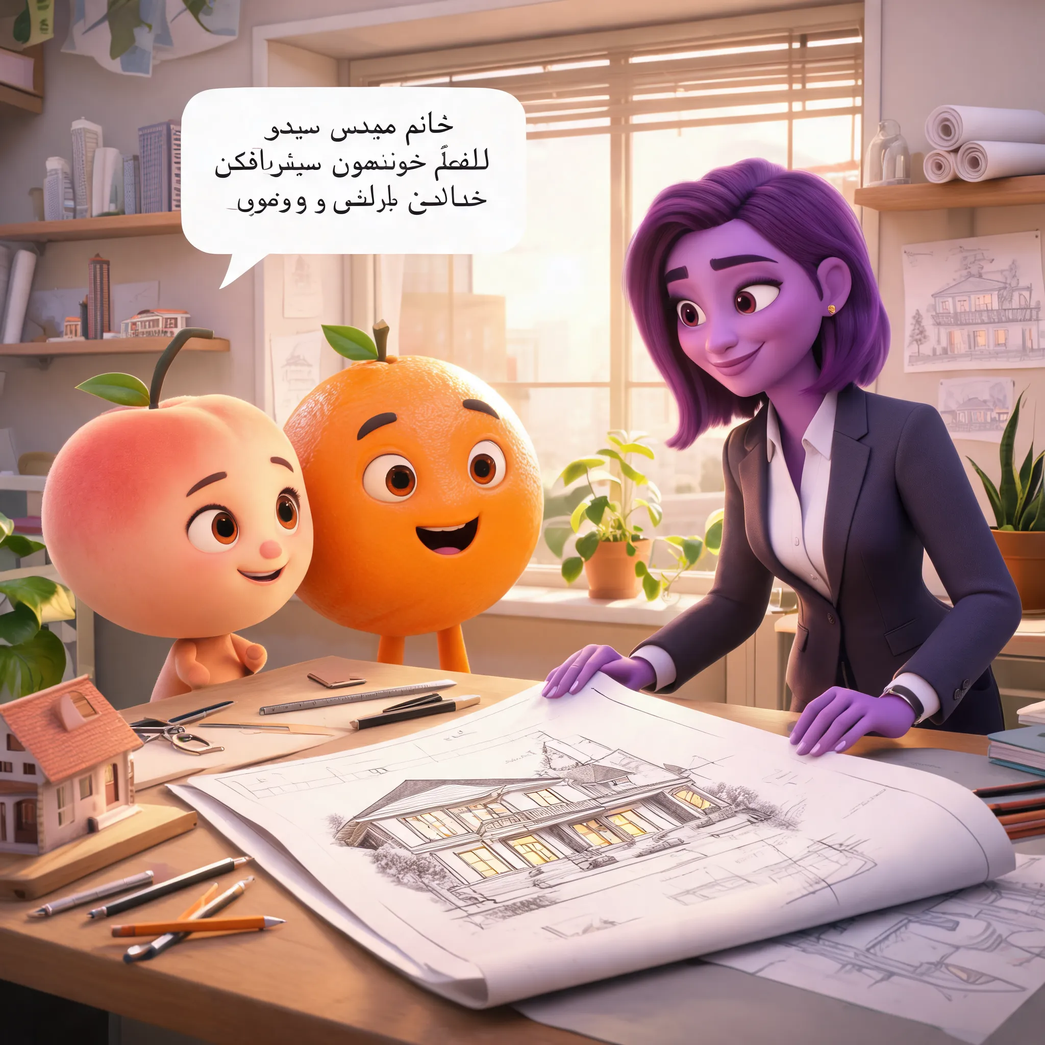 > Create a 10–15 second high-quality 3D Pixar-style animated video inside a modern architecture studio. A cute female Peach architect and a friendly Orange character walk together toward a confident female Plum architect, who is a professional architect representing Engineer Sepideh Shirafkan. The Peach and Orange stop in front of her with hopeful, respectful expressions. The Orange speaks in Persian with a clear speech bubble and synchronized lip movement, saying: «خانم مهندس سپیده شیرافکن، لطفاً خونهمون رو رویایی برامون طراحی کن.» The Peach smiles, nods, and says: «ما فقط شما رو برای طراحی خونهمون انتخاب کردیم.» Miss Plum smiles warmly, accepts the request, gently opens a large architectural blueprint on the table, and begins sketching a luxurious dream house. The camera slowly moves from a wide shot to a close-up of the characters' happy faces and the beautiful architectural drawings. The studio is filled with architectural models, blueprints, drafting tools, indoor plants, and warm natural sunlight. Cinematic lighting, expressive character animation, realistic facial expressions, smooth body movements, ultra-detailed 3D animation, vibrant colors, Pixar-quality, 8K, professional animated film style.