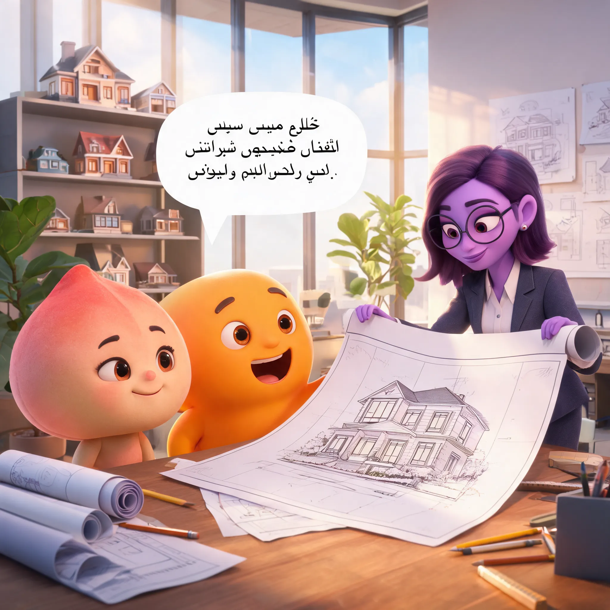 > Create a 10–15 second high-quality 3D Pixar-style animated video inside a modern architecture studio. A cute female Peach architect and a friendly Orange character walk together toward a confident female Plum architect, who is a professional architect representing Engineer Sepideh Shirafkan. The Peach and Orange stop in front of her with hopeful, respectful expressions. The Orange speaks in Persian with a clear speech bubble and synchronized lip movement, saying: «خانم مهندس سپیده شیرافکن، لطفاً خونهمون رو رویایی برامون طراحی کن.» The Peach smiles, nods, and says: «ما فقط شما رو برای طراحی خونهمون انتخاب کردیم.» Miss Plum smiles warmly, accepts the request, gently opens a large architectural blueprint on the table, and begins sketching a luxurious dream house. The camera slowly moves from a wide shot to a close-up of the characters' happy faces and the beautiful architectural drawings. The studio is filled with architectural models, blueprints, drafting tools, indoor plants, and warm natural sunlight. Cinematic lighting, expressive character animation, realistic facial expressions, smooth body movements, ultra-detailed 3D animation, vibrant colors, Pixar-quality, 8K, professional animated film style.
