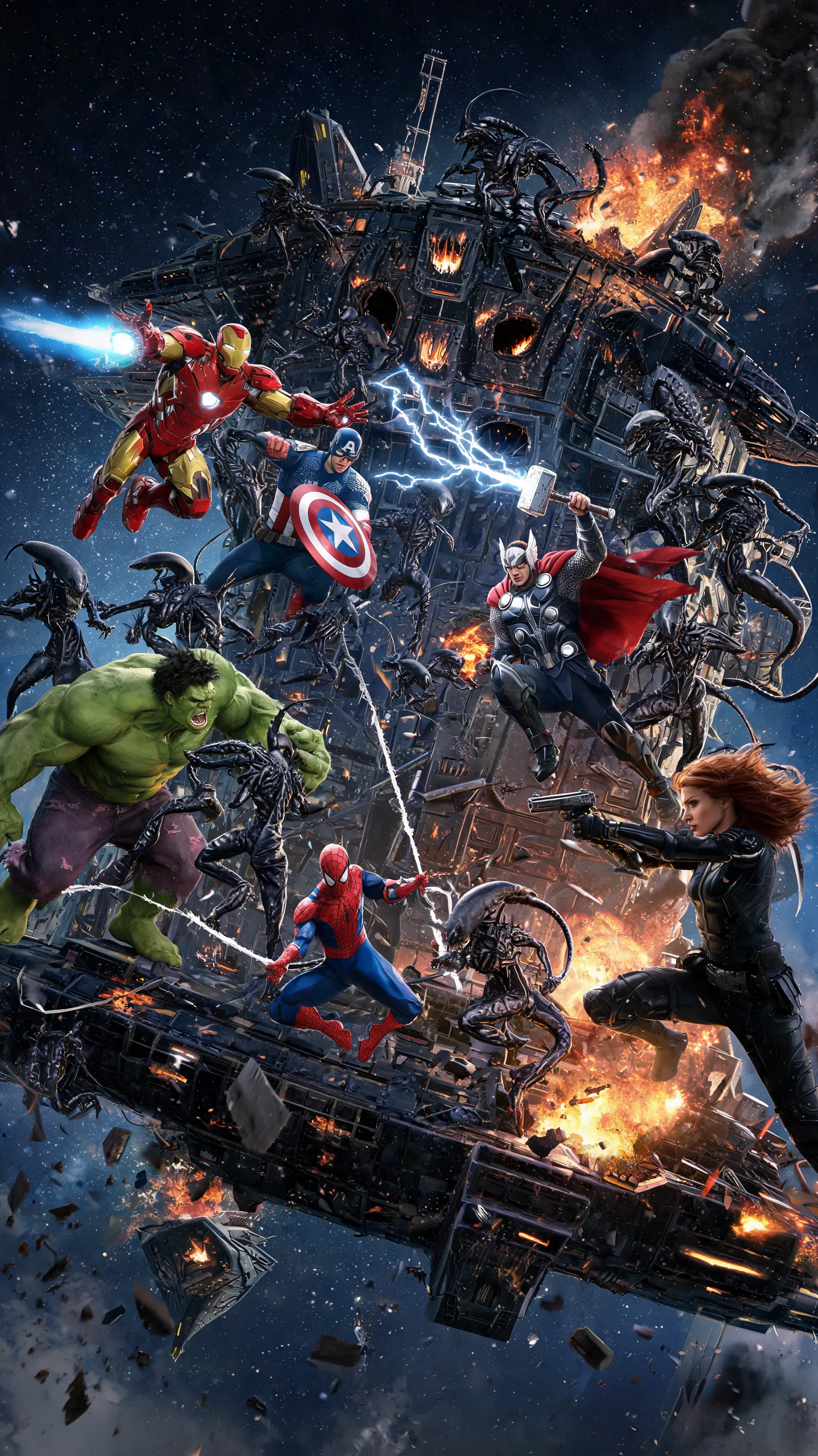 Ultimate thriller action masterpiece: Marvel heroes in full team assault on Predator mothership overrun by Xenomorphs, explosions, dynamic flying, leaping, and fighting movements, epic composition, hyper-detailed cinematic style.