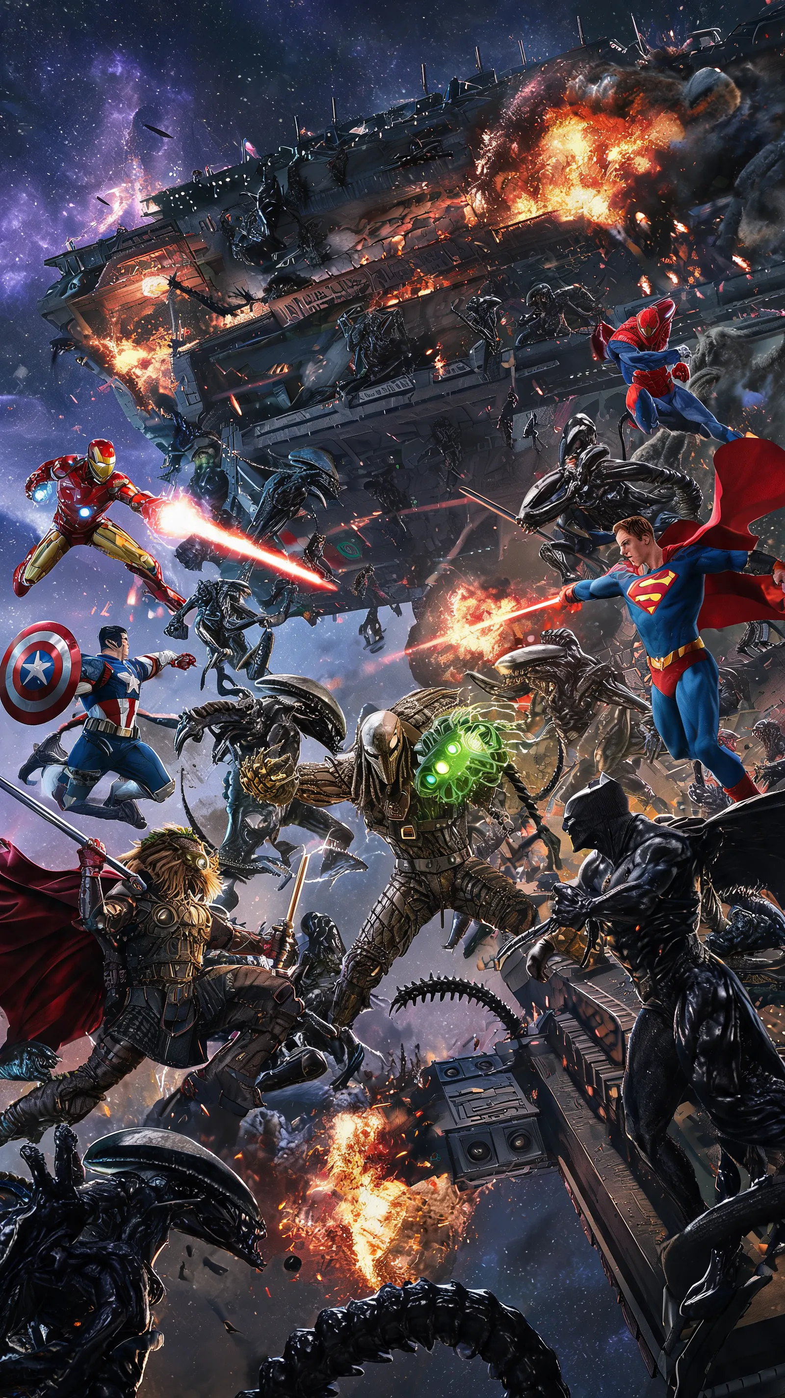 Ultimate thriller action masterpiece: Marvel and DC heroes in full team assault on Predator are action and fighting mood mothership overrun by Xenomorphs, explosions, dynamic flying, leaping, and fighting movements, epic composition, hyper-detailed cinematic style.