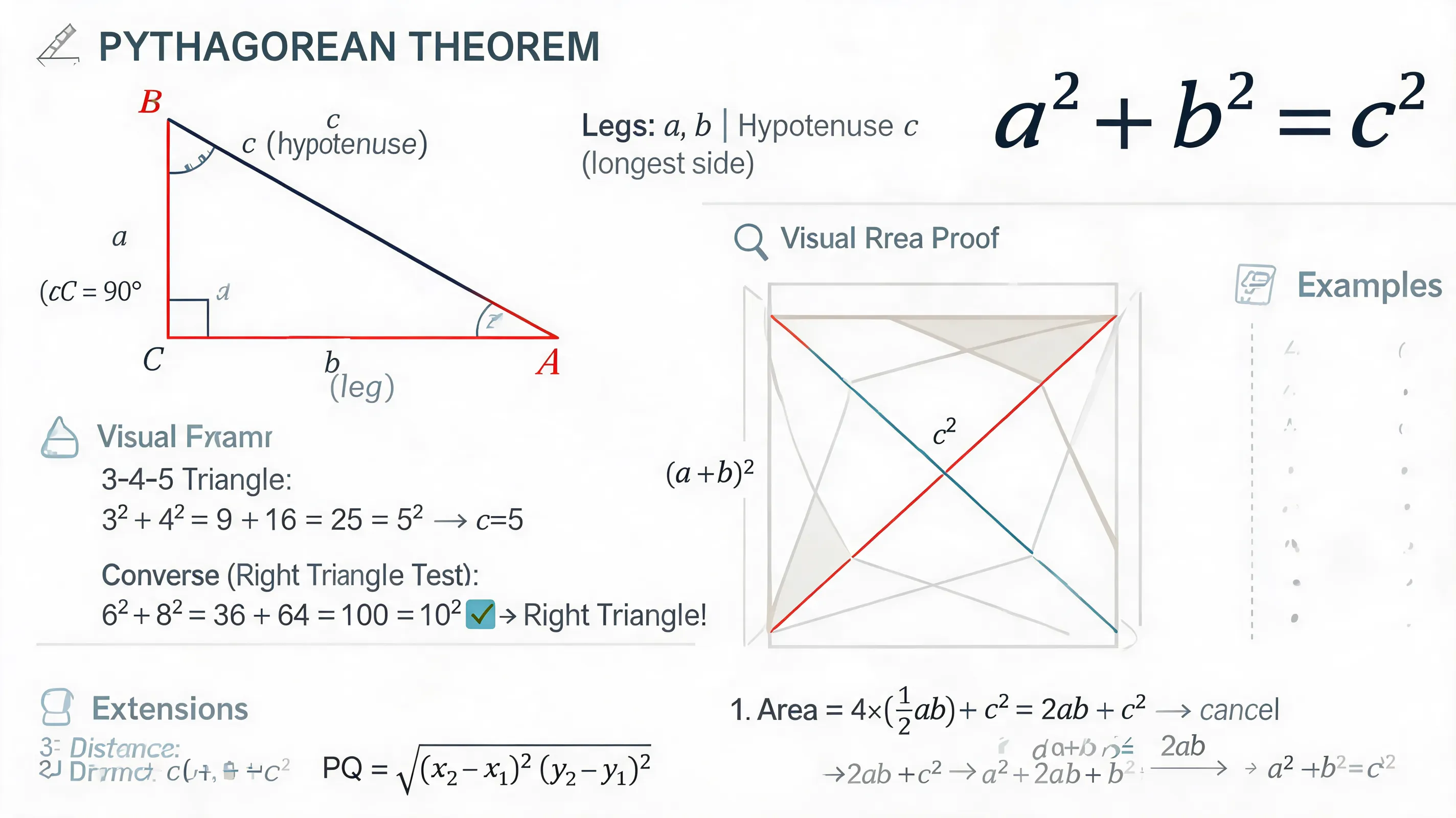 # Pythagorean Theorem a² + b² = c² "In a right triangle, the square of the hypotenuse equals the sum of the squares of the other two sides." Notation (as shown): Legs: a, b | Hypotenuse: c (longest) | Right angle: ∠C = 90° ## 1 What It Is In any right triangle △ABC (∠C = 90°): a² + b² = c². Knowing two sides gives the third. This links length to area. ## 2 Visual Proof (Area View) Large square area = 4×(½ab) + c² = 2ab + c². Also = (a+b)² = a² + 2ab + b². Thus 2ab + c² = a² + 2ab + b² → a² + b² = c². ## 3 Geometric Intuition The square on the hypotenuse equals the sum of squares on the two legs. Think: the two leg-squares exactly tile the hypotenuse-square. ## 4 Numerical Example a=3, b=4: c²=9+16=25 → c=5. (3-4-5 triple) More: (5,12,13), (8,15,17), (7,24,25)... ## 5 Applications Measurement, construction, navigation, computer graphics (Euclidean distance), astronomy. ## 6 Converse (Right-Triangle Test) If a²+b²=c² (c longest), the triangle is right-angled. Example: 6,8,10 → 36+64=100=10² ✓. ## Summary Formula: a²+b²=c² | Use: find sides, test right angles | Key idea: area balance. ## Extensions 3D: d²=a²+b²+c² | Distance formula: PQ = √[(x₂-x₁)²+(y₂-y₁)²]. One sentence: In a right triangle, the hypotenuse squared equals the sum of the legs squared.