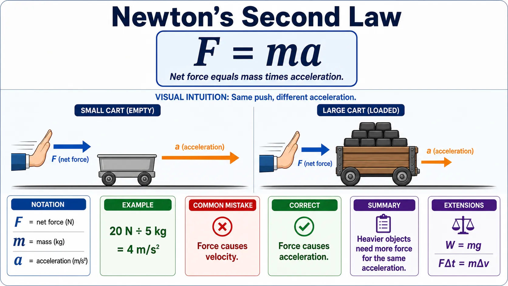 # Newton's Second Law F = ma "Net force equals mass times acceleration." Notation: F = net force (N) | m = mass (kg) | a = acceleration (m/s²) | F and a point same direction. ## 1 What It Is For constant mass: F = ma. Force causes change in motion. More mass = more force needed for same acceleration. ## 2 Visual Intuition Push an empty cart → accelerates easily. Push a loaded cart → same push gives less acceleration. Diagram: hand pushing small vs. large cart with acceleration arrows (long vs. short). ## 3 Breakdown F: net external force (vector sum) | m: inertial mass (resistance to change) | a: rate of velocity change. If F=0 → a=0 (Newton's First Law). ## 4 Numerical Example 5 kg box pushed with 20 N: a = F/m = 20/5 = 4 m/s². ## 5 Applications Vehicle design, sports, rockets, safety engineering (airbags), everyday pushing/pulling. ## 6 Common Mistake ❌ "Force causes velocity." ✅ "Force causes change in velocity (acceleration)." Constant velocity → net force = 0 (friction balances push). ## Summary Formula: F=ma | Meaning: force changes motion | Heavier = less acceleration for same force. ## Extensions Weight: W=mg | Impulse: FΔt = mΔv. One sentence: Force is what changes motion, not what keeps it going — and big things need more force to change.