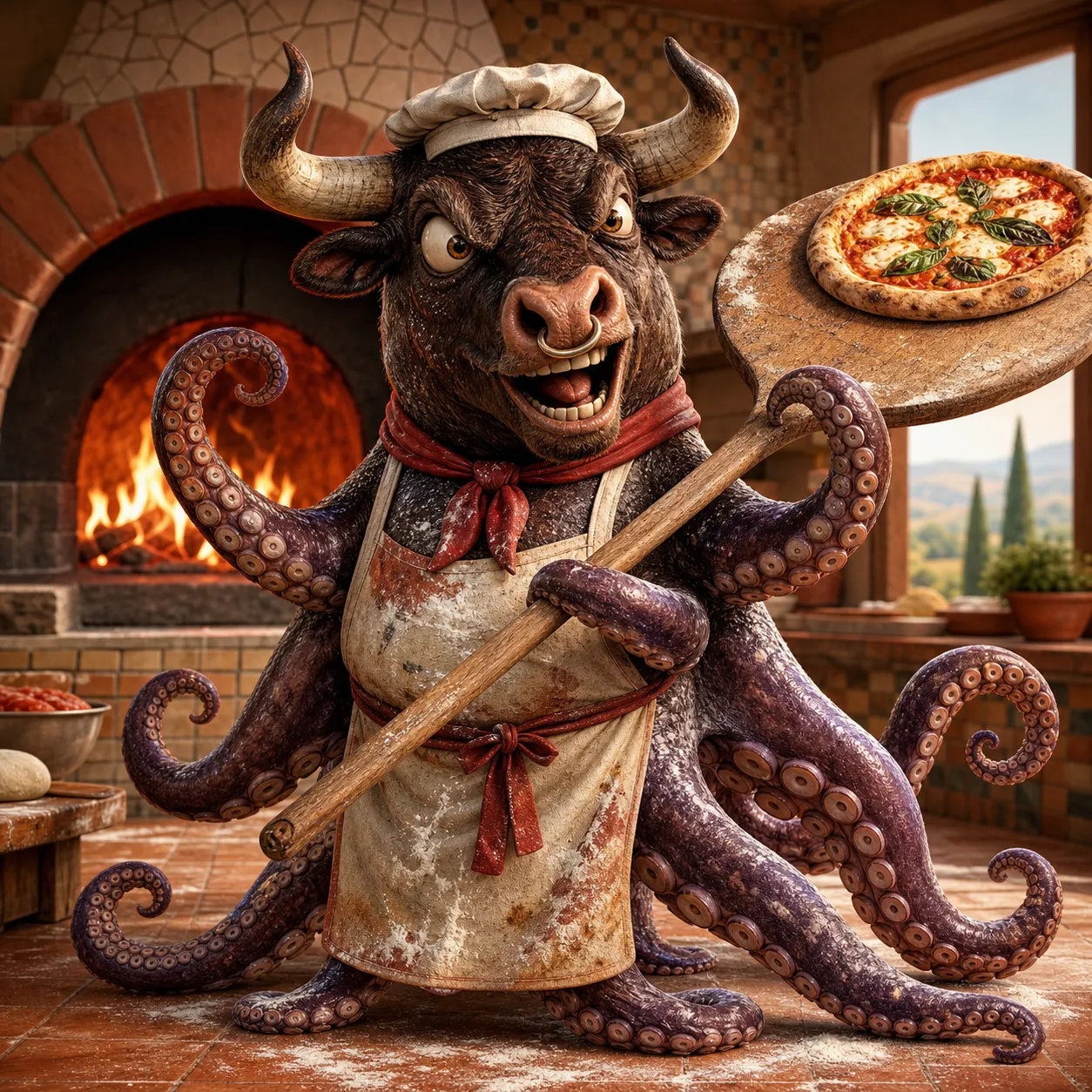 Generate this Italian Brainrot for me: - {head}: Tuscan Bull - {body}: Octopus - {special_item}: Pizza Peel - {character_role}: Pizzaiolo