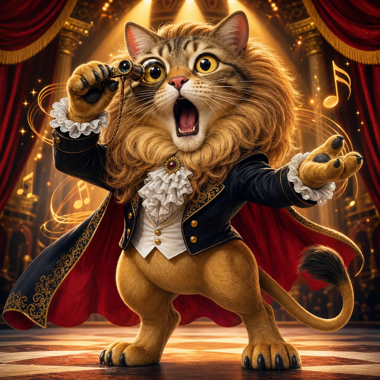 Generate this Italian Brainrot for me: - {head}: cat - {body}: lion - {special_item}: opera glass - {character_role}: opera tenor