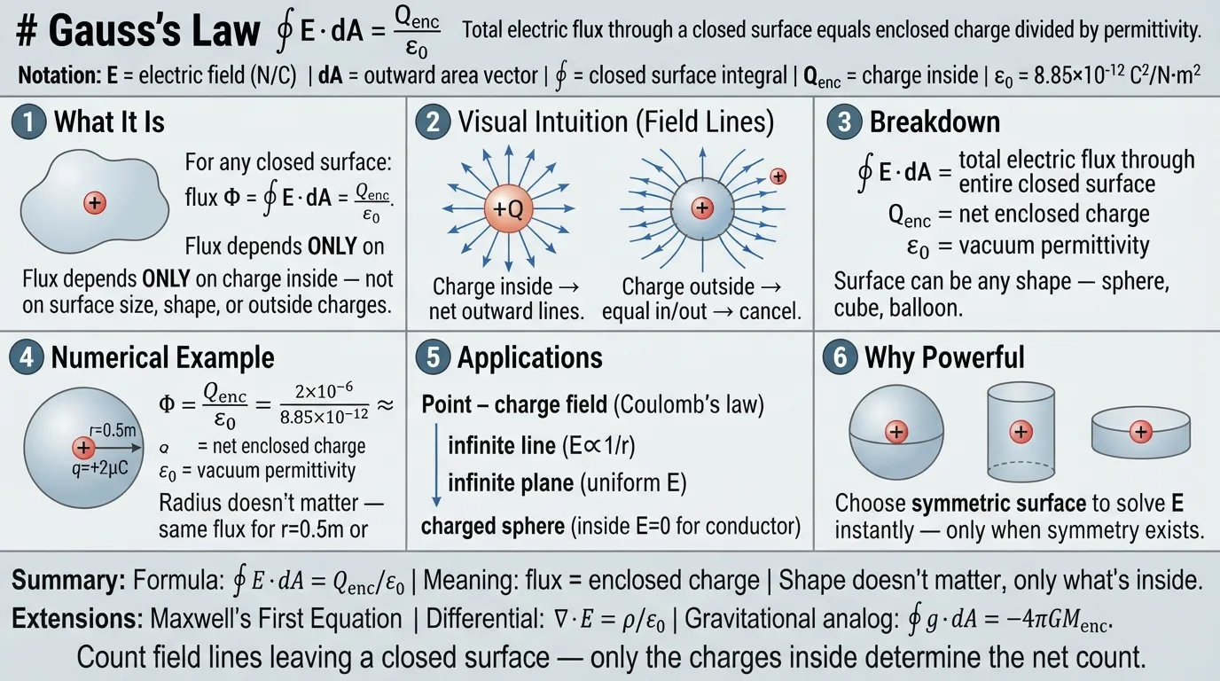 # Gauss's Law ∮ E·dA = Q_enc / ε₀ "Total electric flux through a closed surface equals enclosed charge divided by permittivity." Notation: E = electric field (N/C) | dA = outward area vector | ∮ = closed surface integral | Q_enc = charge inside | ε₀ = 8.85×10⁻¹² C²/N·m². ## 1 What It Is For any closed surface: flux Φ = ∮ E·dA = Q_enc/ε₀. Flux depends ONLY on charge inside — not on surface size, shape, or outside charges. ## 2 Visual Intuition (Field Lines) Field lines exiting → positive flux. Entering → negative. Charge inside → net outward lines. Charge outside → equal in/out → cancel. Diagram: sphere with positive charge inside, radiating lines piercing surface; outside charge lines entering and exiting equally. ## 3 Breakdown ∮ E·dA = total electric flux through entire closed surface | Q_enc = net enclosed charge | ε₀ = vacuum permittivity. Surface can be any shape — sphere, cube, balloon. ## 4 Numerical Example Point charge q=+2μC at center of sphere r=0.5m: Φ = Q_enc/ε₀ = (2×10⁻⁶)/(8.85×10⁻¹²) ≈ 2.26×10⁵ N·m²/C. Radius doesn't matter — same flux for r=0.5m or r=10m! ## 5 Applications Point charge field (Coulomb's law), infinite line (E∝1/r), infinite plane (uniform E), charged sphere (inside E=0 for conductor). ## 6 Why Powerful Choose symmetric surface (sphere, cylinder, pillbox) to solve E instantly — only when symmetry exists. ## Summary Formula: ∮ E·dA = Q_enc/ε₀ | Meaning: flux = enclosed charge | Shape doesn't matter, only what's inside. ## Extensions Maxwell's First Equation | Differential: ∇·E = ρ/ε₀ | Gravitational analog: ∮ g·dA = -4πGM_enc. One sentence: Count field lines leaving a closed surface — only the charges inside determine the net count.