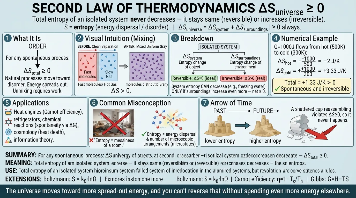 # Second Law of Thermodynamics ΔS_universe ≥ 0 "Total entropy of an isolated system never decreases — it stays same (reversible) or increases (irreversible)." Notation: S = entropy (energy dispersal / disorder) | ΔS_universe = ΔS_system + ΔS_surroundings | ≥ 0 always. ## 1 What It Is For any spontaneous process: ΔS_total ≥ 0. Natural processes move toward disorder. Energy spreads out. Unmixing requires work. ## 2 Visual Intuition (Mixing) Box with partition: left = hot gas (fast molecules), right = cold gas (slow). Remove partition → molecules mix, temperatures equalize, entropy increases (energy spread out). Diagram: Before (clean separation) → After (mixed uniform gray). Label: ΔS > 0. ## 3 Breakdown ΔS_system: entropy change of object | ΔS_surroundings: entropy change of environment | Reversible: ΔS=0 (ideal) | Irreversible: ΔS>0 (real). System entropy CAN decrease (e.g., freezing water) ONLY if surroundings increase even more — net ≥ 0. ## 4 Numerical Example Q=1000J flows from hot (500K) to cold (300K): ΔS_hot = -1000/500 = -2 J/K | ΔS_cold = +1000/300 = +3.33 J/K. Total = +1.33 J/K > 0 ✓ Spontaneous and irreversible. ## 5 Applications Heat engines (Carnot efficiency), refrigerators, chemical reactions (spontaneity via ΔG), cosmology (heat death), information theory. ## 6 Common Misconception ❌ "Entropy = messiness of a room." ✅ Entropy = energy dispersal & number of microscopic arrangements (microstates). ## 7 Arrow of Time Second Law gives time direction: past → lower entropy, future → higher. A shattered cup reassembling violates ΔS≥0, so it never happens. ## Summary Rule: ΔS_universe ≥ 0 | Meaning: energy spreads, order → disorder | Use: predict spontaneity, efficiency limits. ## Extensions Boltzmann: S = k_B·lnΩ | Carnot efficiency: η=1−T_c/T_h | Gibbs: G=H−TS. One sentence: The universe moves toward more spread-out energy, and you can't reverse that without spending even more energy elsewhere.