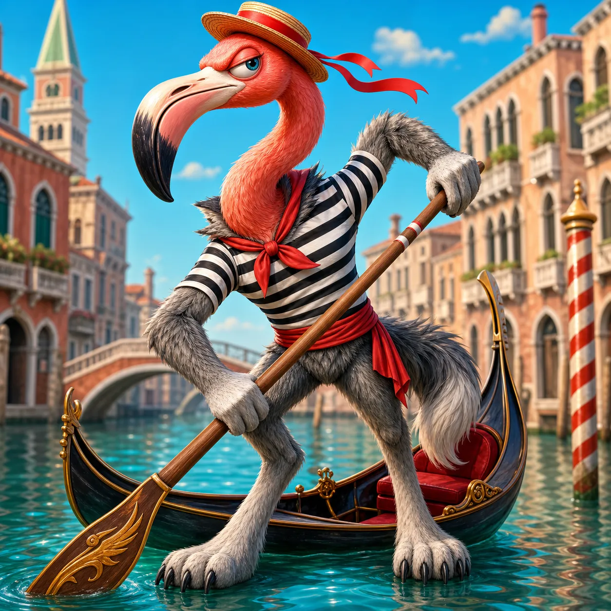 Generate this Italian Brainrot for me: - {head}: flamingo - {body}: wolf - {special_item}: gondola oar - {character_role}: gondolier