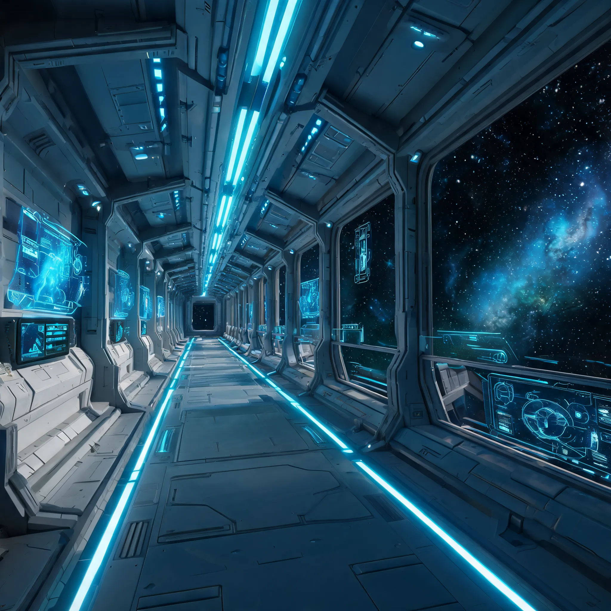 A futuristic game-style space station interior, massive sci-fi corridors with glowing neon pathways, holographic control panels, modular engineering structures, panoramic windows overlooking deep space, clean hard-surface architecture, cinematic perspective, premium concept art, highly detailed environment design, stylized sci-fi illustration, vibrant blue and cyan lighting, modern color palette, Unreal Engine-inspired aesthetic, polished digital artwork, Behance-quality illustration, Recraft style