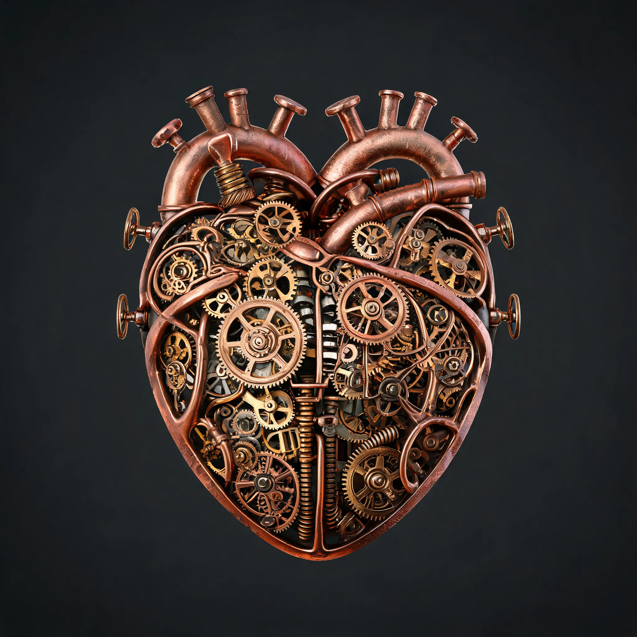 A highly detailed steampunk mechanical heart, intricate interwoven gears, copper pipes, brass valves, exposed clockwork mechanisms, Victorian industrial design, polished copper metallic textures, elegant engineering craftsmanship, symmetrical composition, premium industrial illustration, clean linework, cinematic studio lighting, luxury concept design, Behance-quality artwork, stylized mechanical illustration, Recraft aesthetic