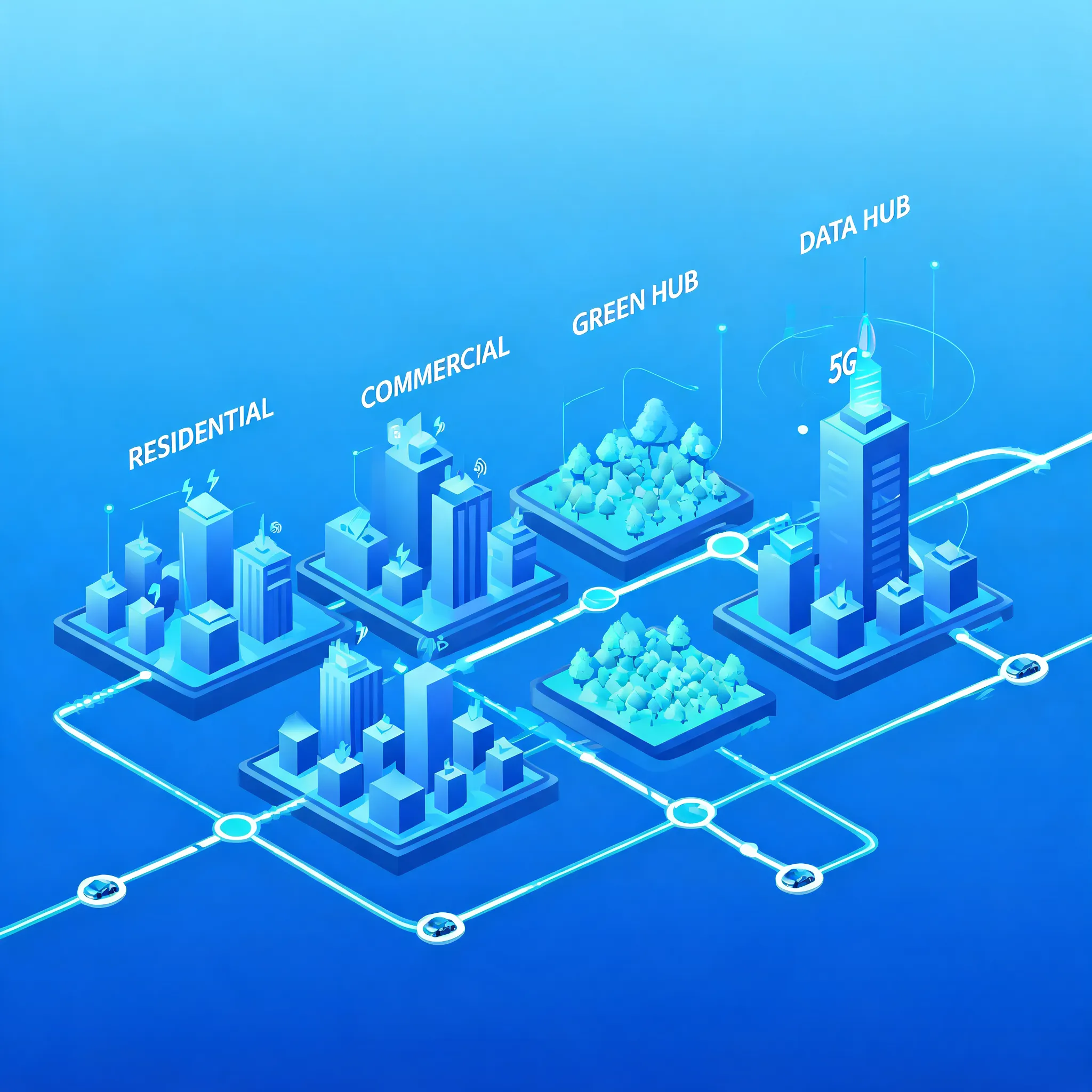 A modular smart city aerial view, futuristic 3D isometric perspective, blue gradient geometric architecture, clean modular city blocks, glowing transportation networks, digital infrastructure visualization, modern technology UI design, minimal color palette, premium infographic illustration, elegant vector composition, smart city concept art, highly detailed geometric design, Behance-quality visual design, Recraft illustration style