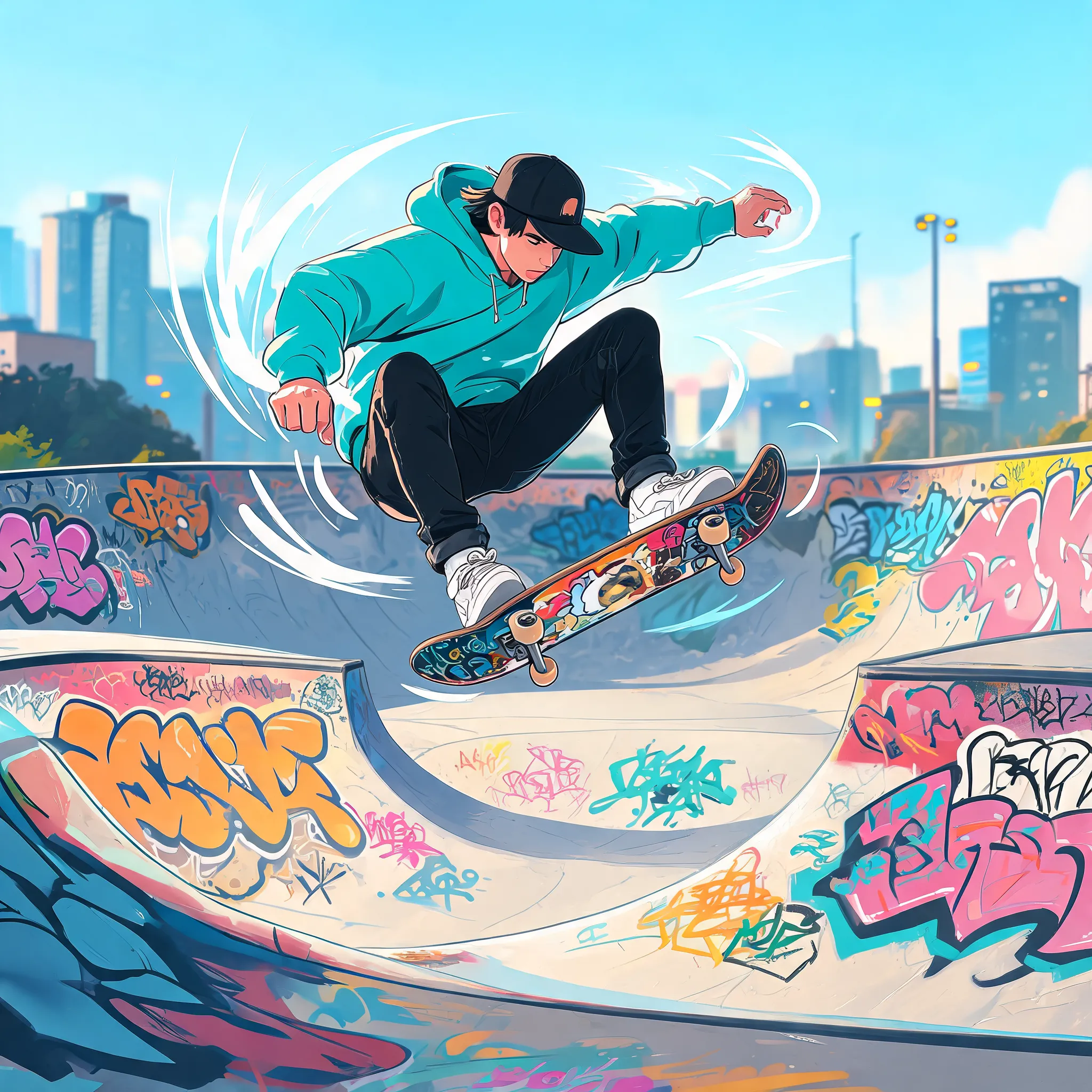 A dynamic skateboarder performing a mid-air trick above an urban skate park, colorful graffiti walls, stylized motion blur, energetic street culture atmosphere, expressive pose, bold composition, premium editorial illustration, vibrant urban color palette, modern sports branding aesthetic, clean vector-inspired rendering, high-energy visual storytelling, Behance-quality artwork, Recraft illustration style