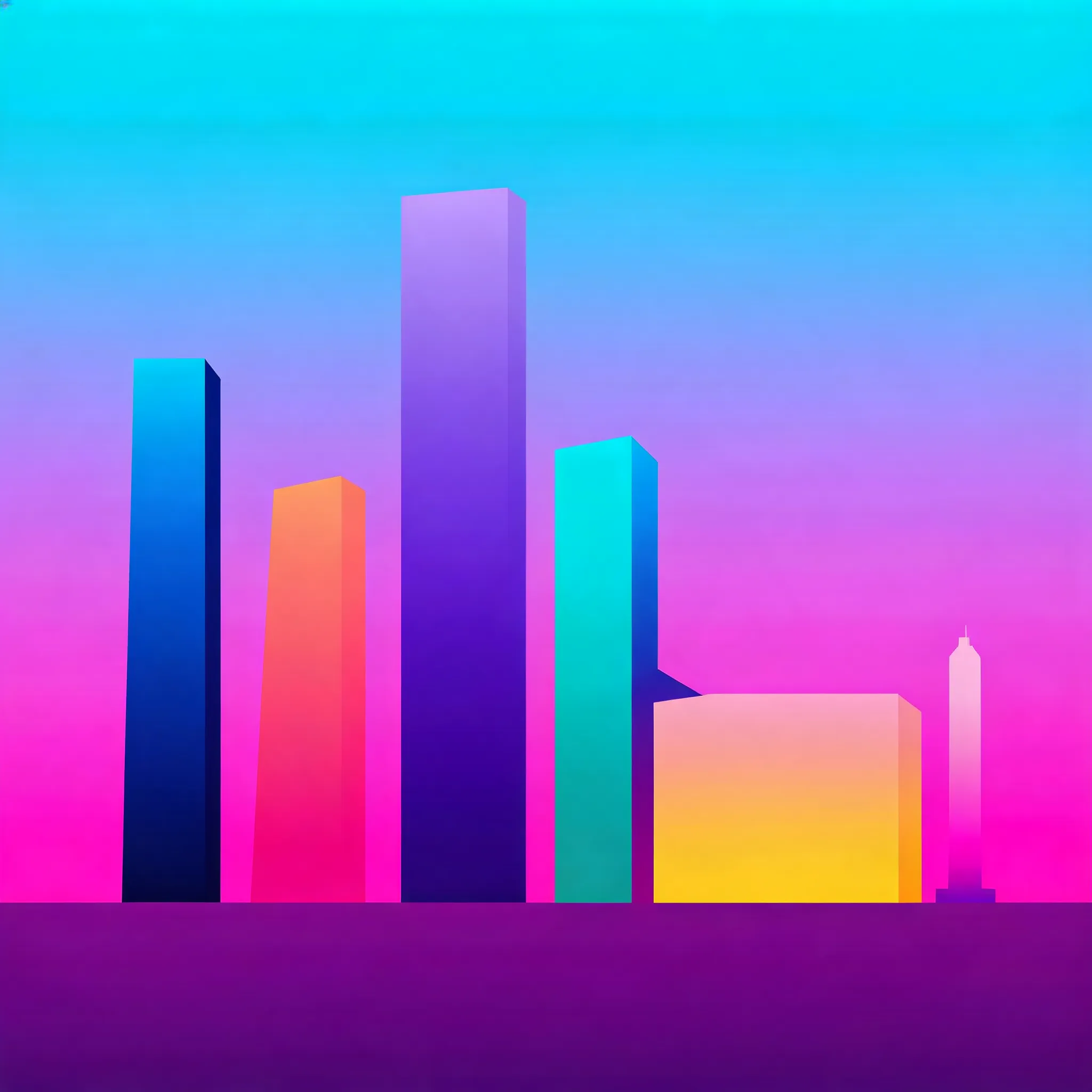 A flat vector illustration of a futuristic cityscape, geometric color blocks forming modern skyscrapers, minimal architecture, bold graphic composition, vibrant gradient palette, clean vector shapes, contemporary design language, editorial illustration style, premium branding aesthetic, smooth geometric balance, highly polished visual design, Behance-quality vector artwork, Recraft style