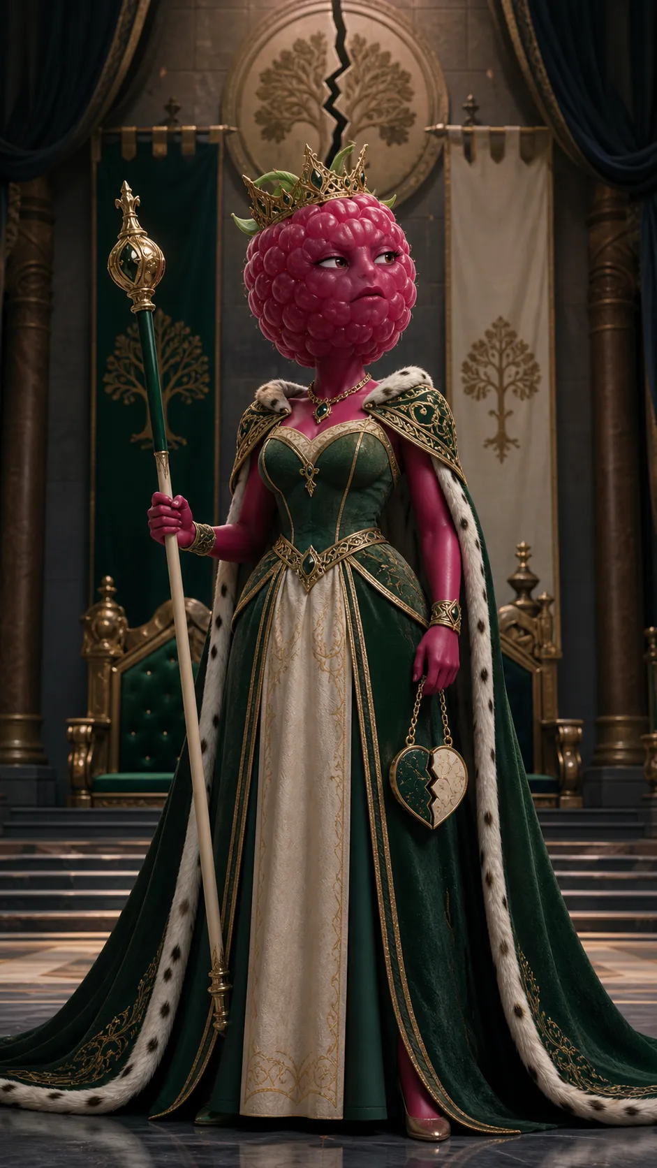 Generate this fruit charater for me: - [FRUIT]: raspberry - [ROLE]: A queen and a mother who blinded by favoritism, whose choices divide her family