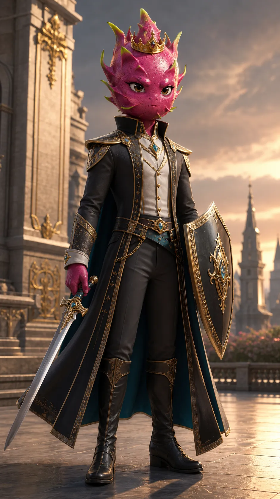 Generate this fruit charater for me: - [FRUIT]: Dragonfruit - [ROLE]: The powerful Dragonfruit prince who falls in love with White Strawberry first and becomes her greatest protector.