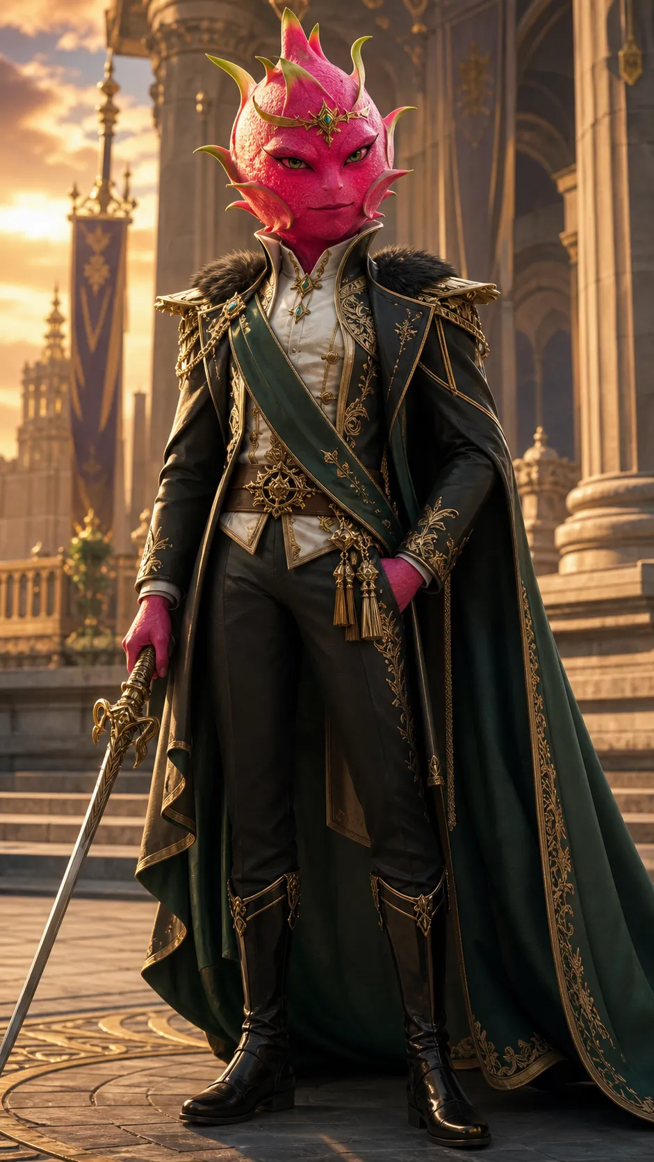 Generate this fruit charater for me: - [FRUIT]: dragon fruit - [ROLE]: The powerful Dragonfruit prince who falls in love with White Strawberry first and becomes her greatest protector and is extremely handsome.