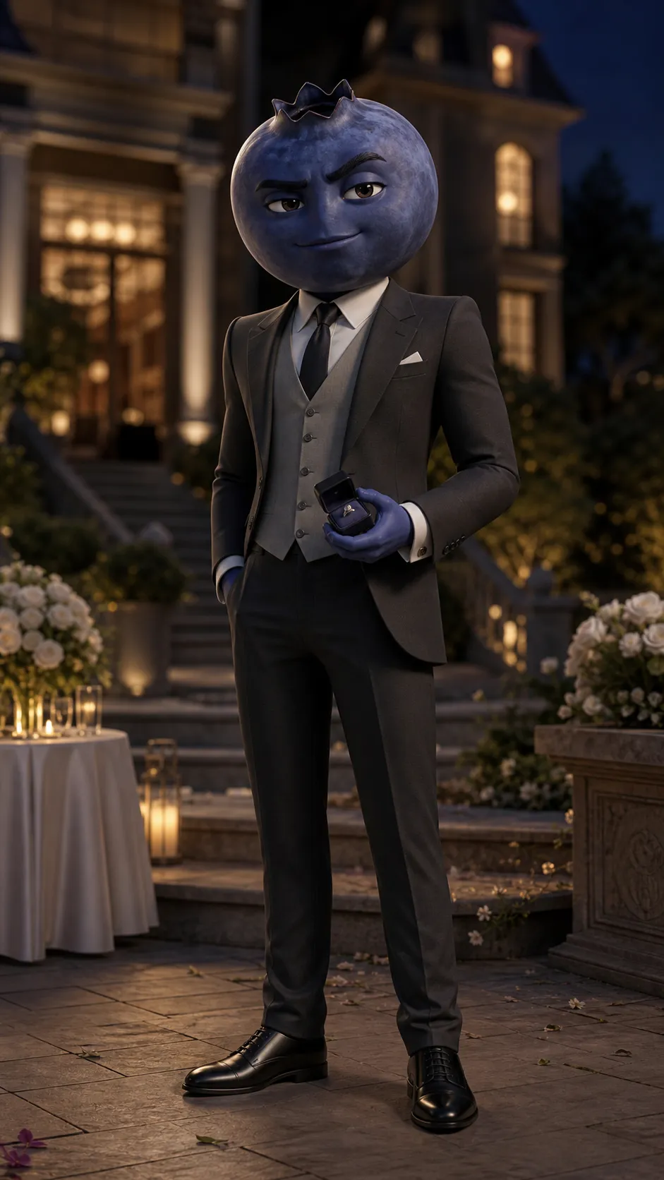 Generate this fruit charater for me: - [FRUIT]:blueberry - [ROLE]: White Strawberry's former fiancé whose betrayal sets the story in motion and is handsome