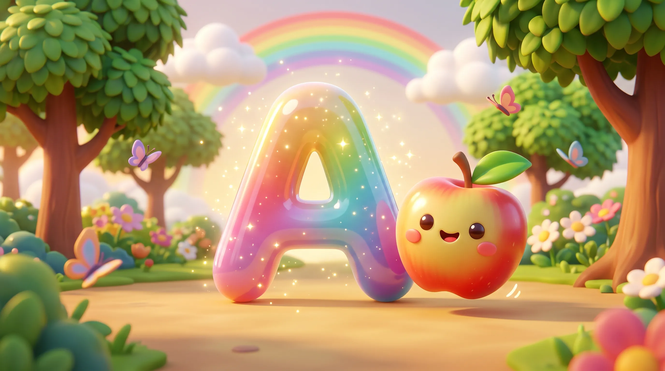 reate a 3D Pixar-quality animated educational video for toddlers and preschool children. The video should teach the English alphabet from A to Z. Every alphabet appears one by one in large colorful bubble letters in the center of the screen. Beside each letter, show a cute animated object or animal beginning with that letter. Each scene lasts around 5 seconds. Use soft sunlight, vibrant colors, magical particles, smooth camera movement, cheerful expressions, adorable characters, and playful animations. Background should be colorful with trees, clouds, flowers, butterflies, rainbow, and happy nature. Add gentle zoom-ins and slow cinematic camera movement. Include soft happy children's background music. Include a friendly female narrator with a warm, cheerful, clear American English voice. The narrator should pronounce every alphabet twice and then say the corresponding word. Example: "A..." "A for Apple." "Apple." Continue the same style until Z. Make every object bounce, smile, wave, blink, or move naturally. Use ultra-realistic Pixar-quality rendering. Lighting should be soft golden morning light. Render in 4K. Make the animation smooth with high-quality facial expressions.