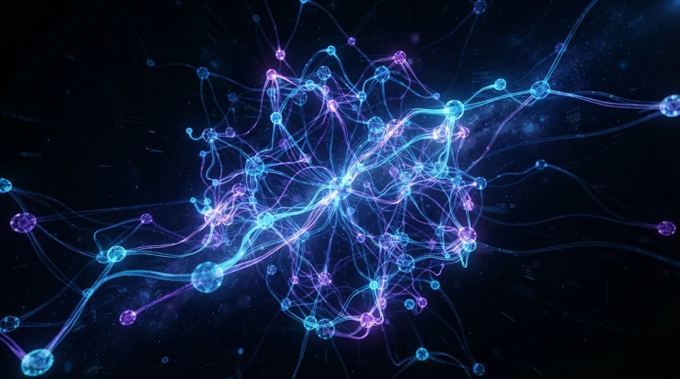 A glowing 3D neural network with interconnected nodes and synapses firing in blue and purple, floating in a dark digital void, futuristic minimalist style, 8k, high detail.
