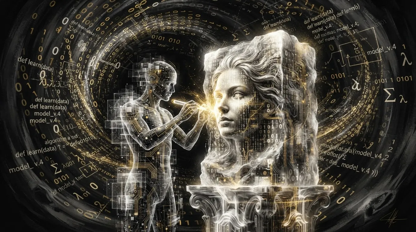 A visual metaphor of AI training: a digital sculptor carving a human face from a block of raw data, with floating numbers and code swirling around, surrealist art style, monochrome with gold accents.