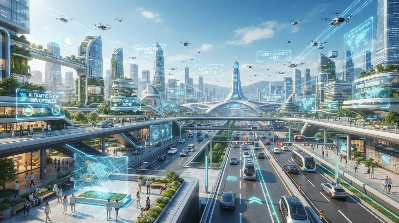 A futuristic smart city where AI controls traffic, energy, and drones, with holographic data panels floating in the air, wide-angle shot, bright daylight, clean sci-fi urban design.