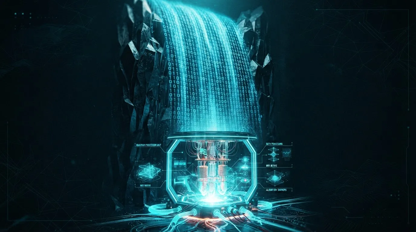 A massive waterfall of binary code (0s and 1s) flowing into a glowing quantum computer at the bottom, representing data processing, minimalist dark background with cyan accents.