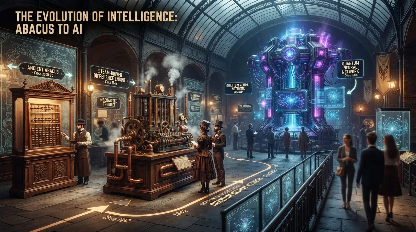 A timeline of AI evolution: from a simple abacus to a steam-powered calculator to a glowing supercomputer, illustrated as a museum exhibition, vintage and futuristic fusion.
