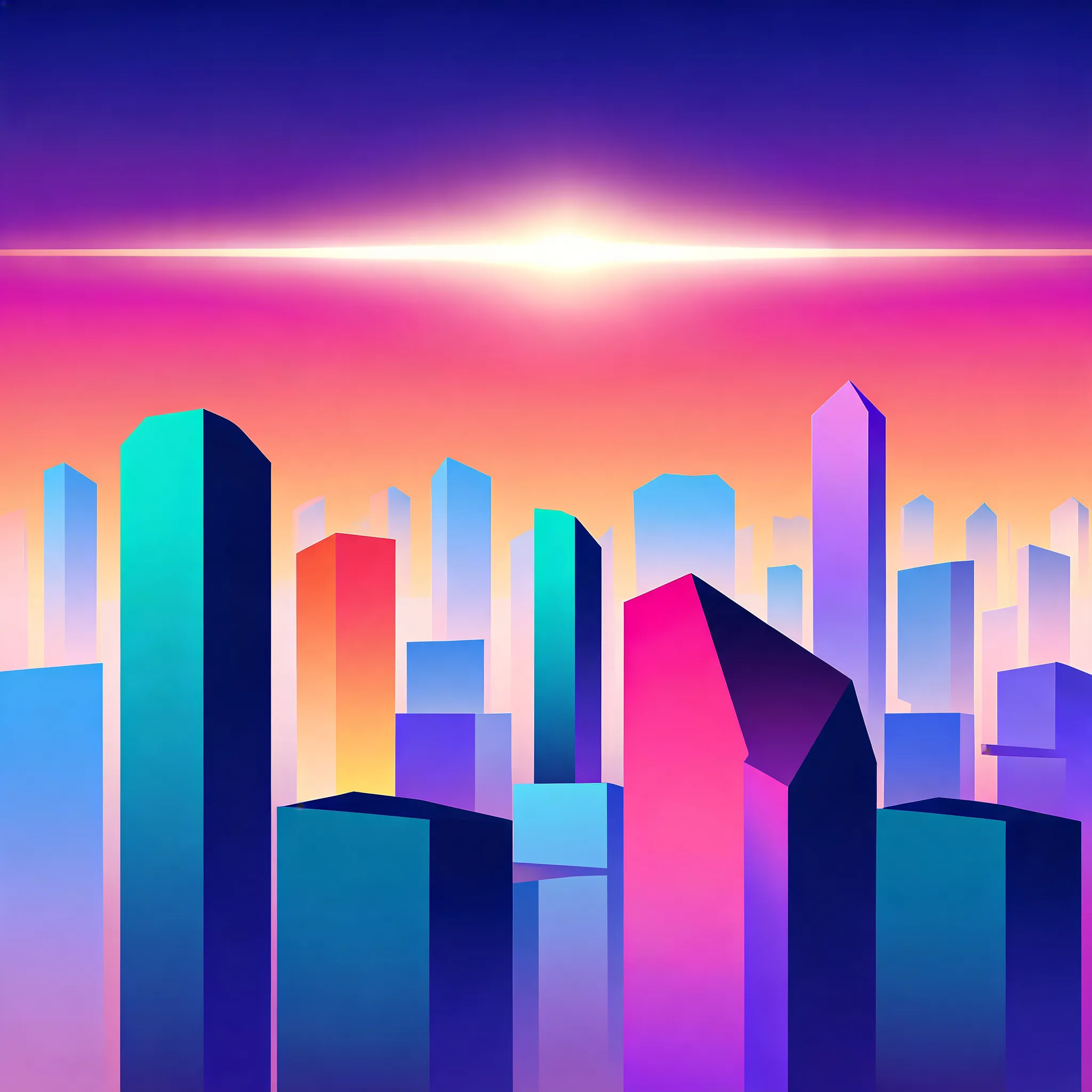 A flat vector illustration of a futuristic cityscape, geometric color blocks forming modern skyscrapers, minimal architecture, bold graphic composition, vibrant gradient palette, clean vector shapes, contemporary design language, editorial illustration style, premium branding aesthetic, smooth geometric balance, highly polished visual design, Behance-quality vector artwork, Recraft style